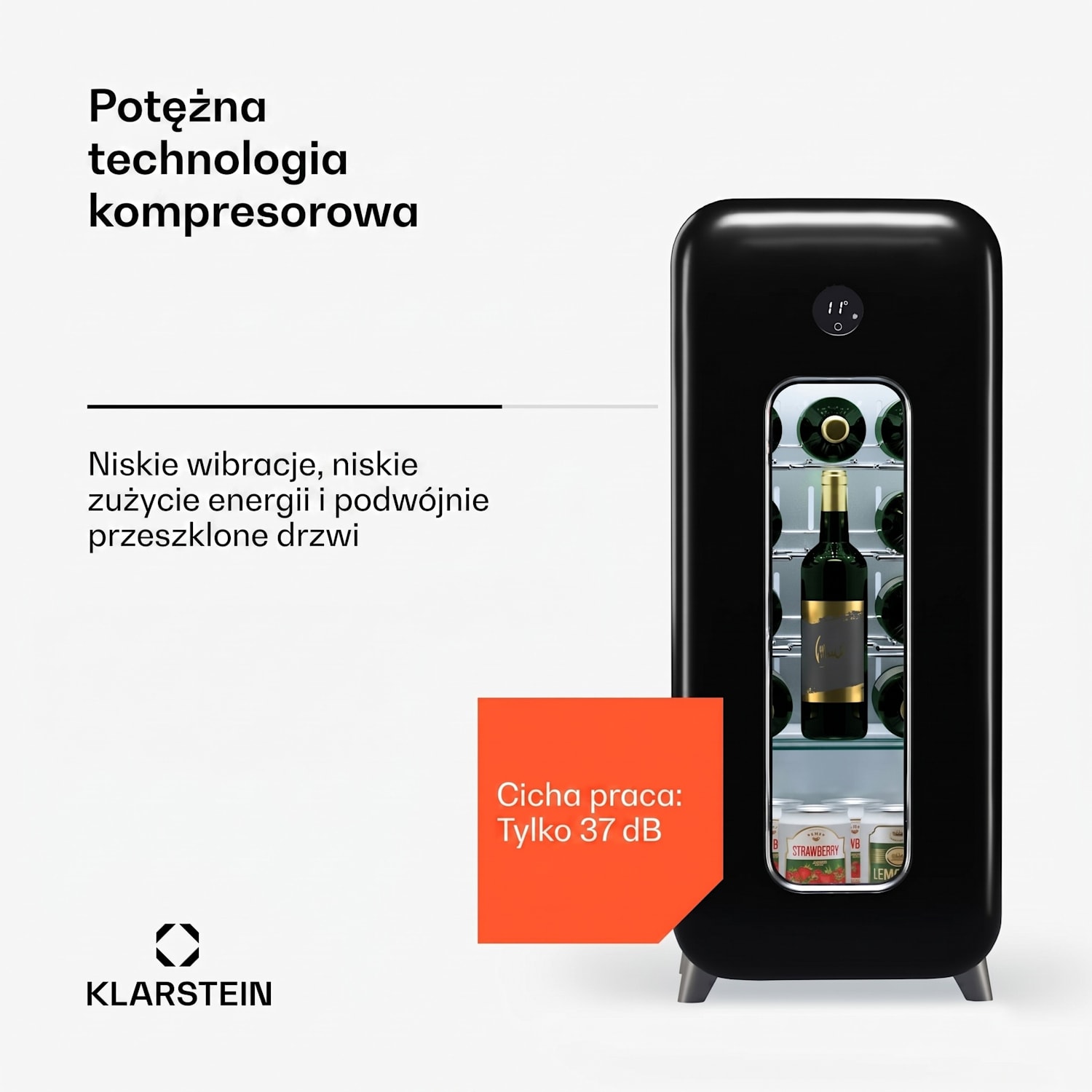 Shirley 15 Uno, chłodziarka do wina, 48 l, 15 butelek, 5-20°C, dotykowy panel sterowania, styl retro 15 butelek | 1 strefa chłodzenia | Czarny