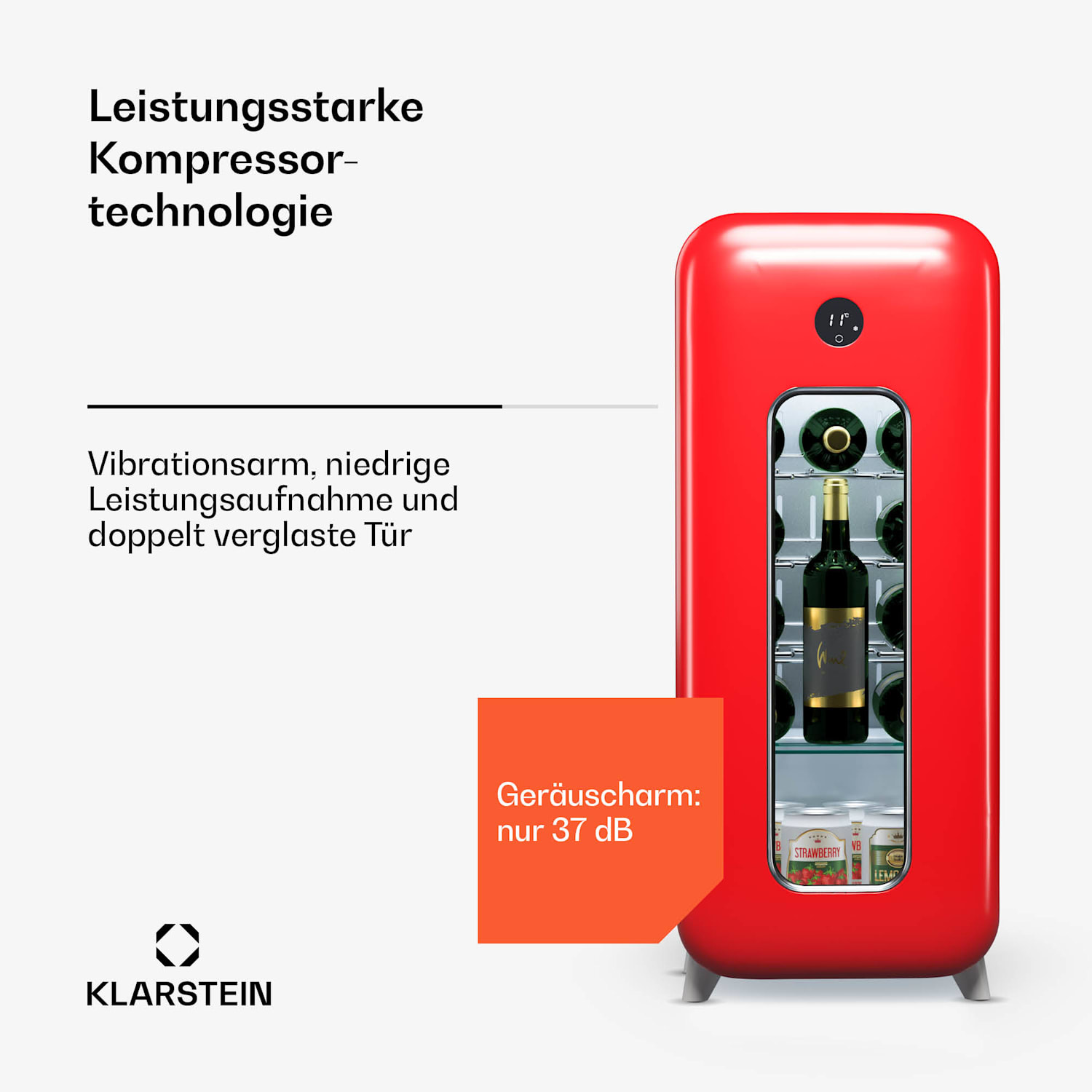 Shirley 15 Uno Weinkühlschrank 15 Flaschen 5 - 20 °C Touch Retro 15 Flaschen | 1 Kühlzone | Rot