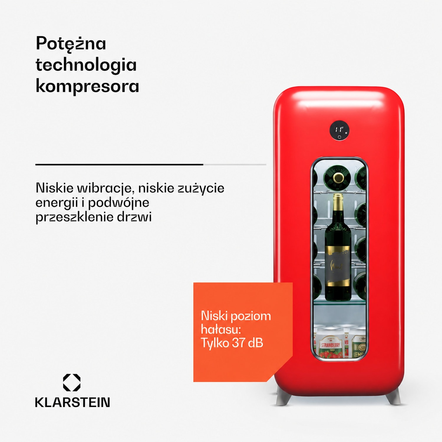 Shirley 15 Uno, chłodziarka do wina, 48 l, 15 butelek, 5-20°C, dotykowy panel sterowania, styl retro 15 butelek | 1 strefa chłodzenia | Czerwony