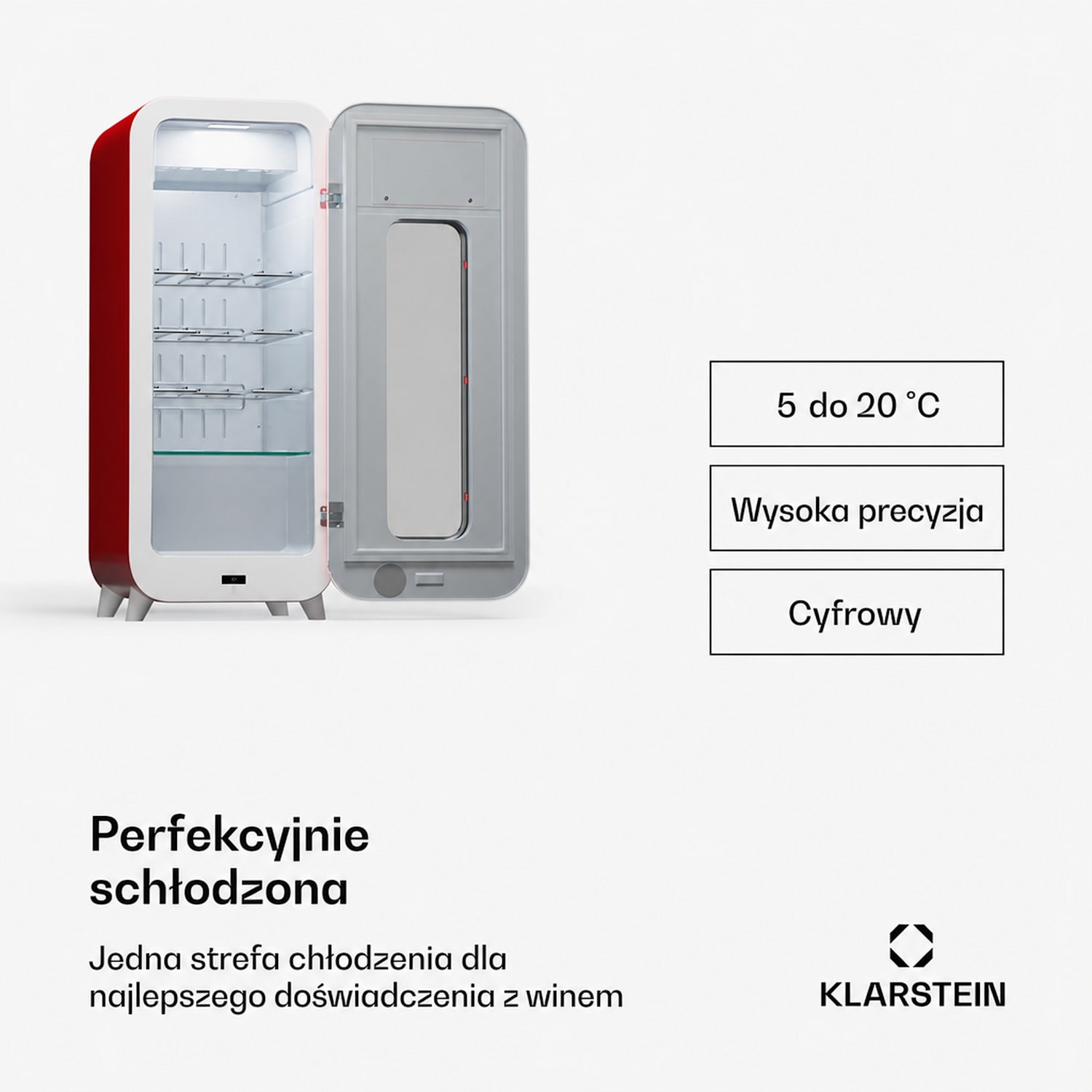 Shirley 15 Uno, chłodziarka do wina, 48 l, 15 butelek, 5-20°C, dotykowy panel sterowania, styl retro 15 butelek | 1 strefa chłodzenia | Czerwony
