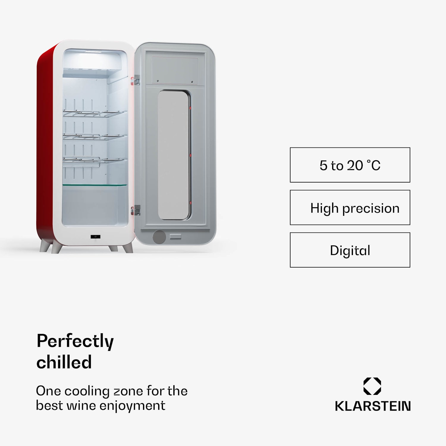 Shirley 15 Uno, chłodziarka do wina, 48 l, 15 butelek, 5-20°C, dotykowy panel sterowania, styl retro 15 butelek | 1 strefa chłodzenia | Czerwony
