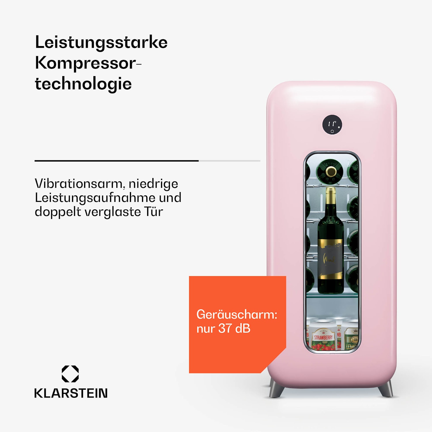 Shirley 15 Uno Weinkühlschrank 15 Flaschen 5 - 20 °C Touch Retro 15 Flaschen | 1 Kühlzone | Pink