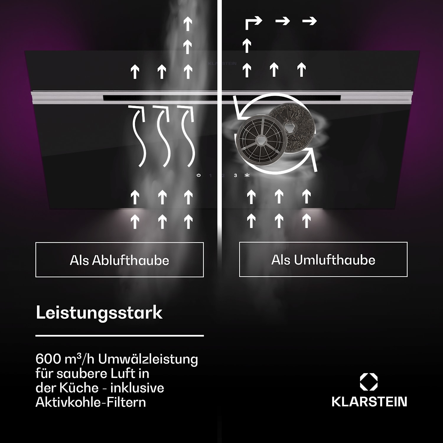 Alina Dunstabzugshaube 80 cm 600 m³/h LED-Display Ambientelicht Glasfront 80 cm | Schwarz