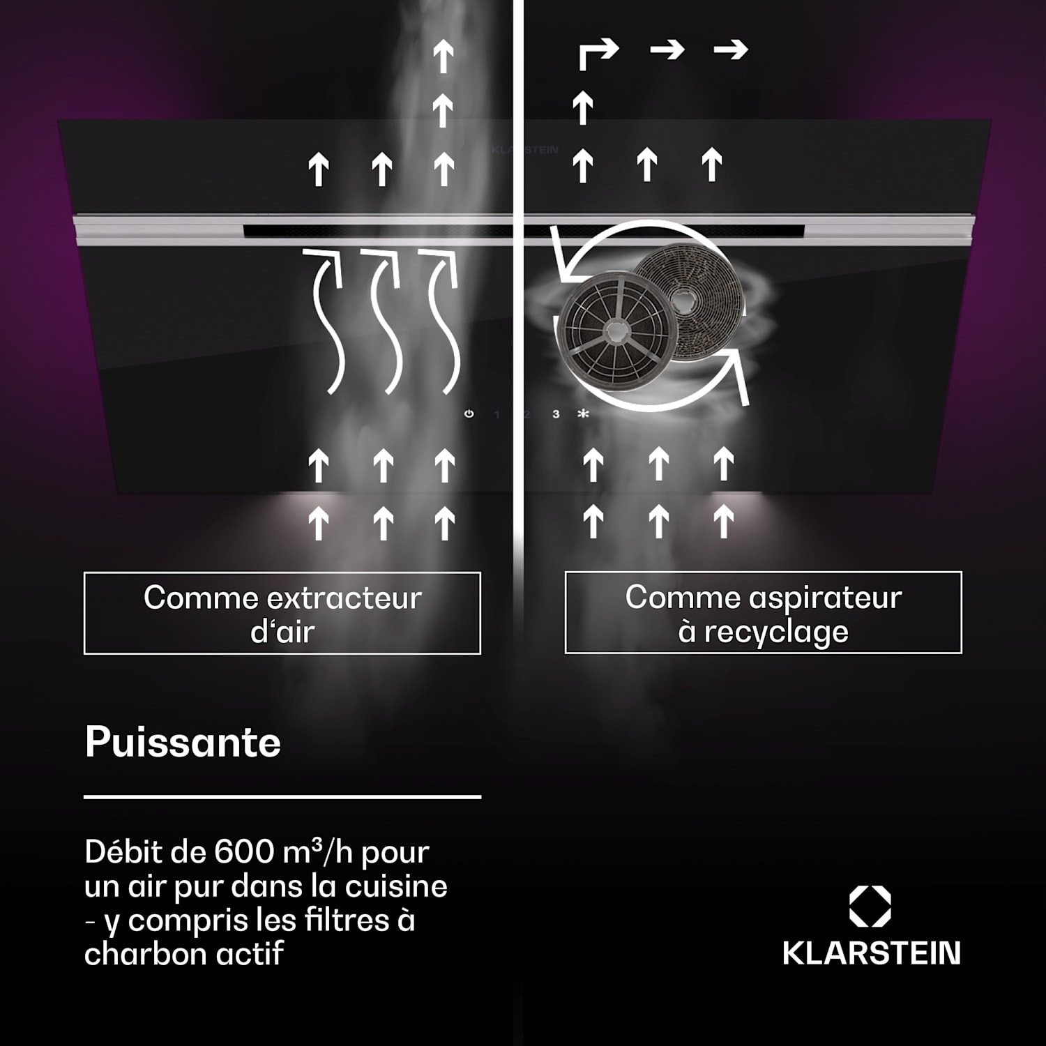 Hotte d'aspiration Alina 80 cm 600 m³/h affichage LED éclairage d'ambiance Façade en verre 80 cm | Crna
