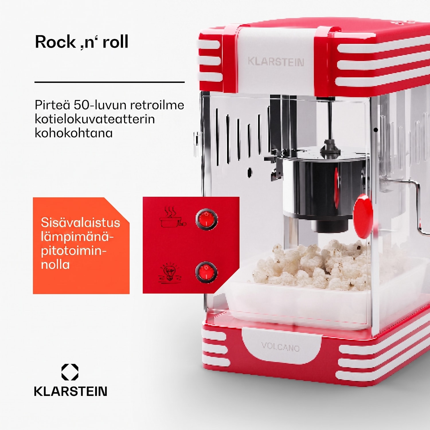 Volcano popcorn-kone 300 W kattila ruostumattomasta teräksestä 60 g / 4 min retromuotoilu Punainen