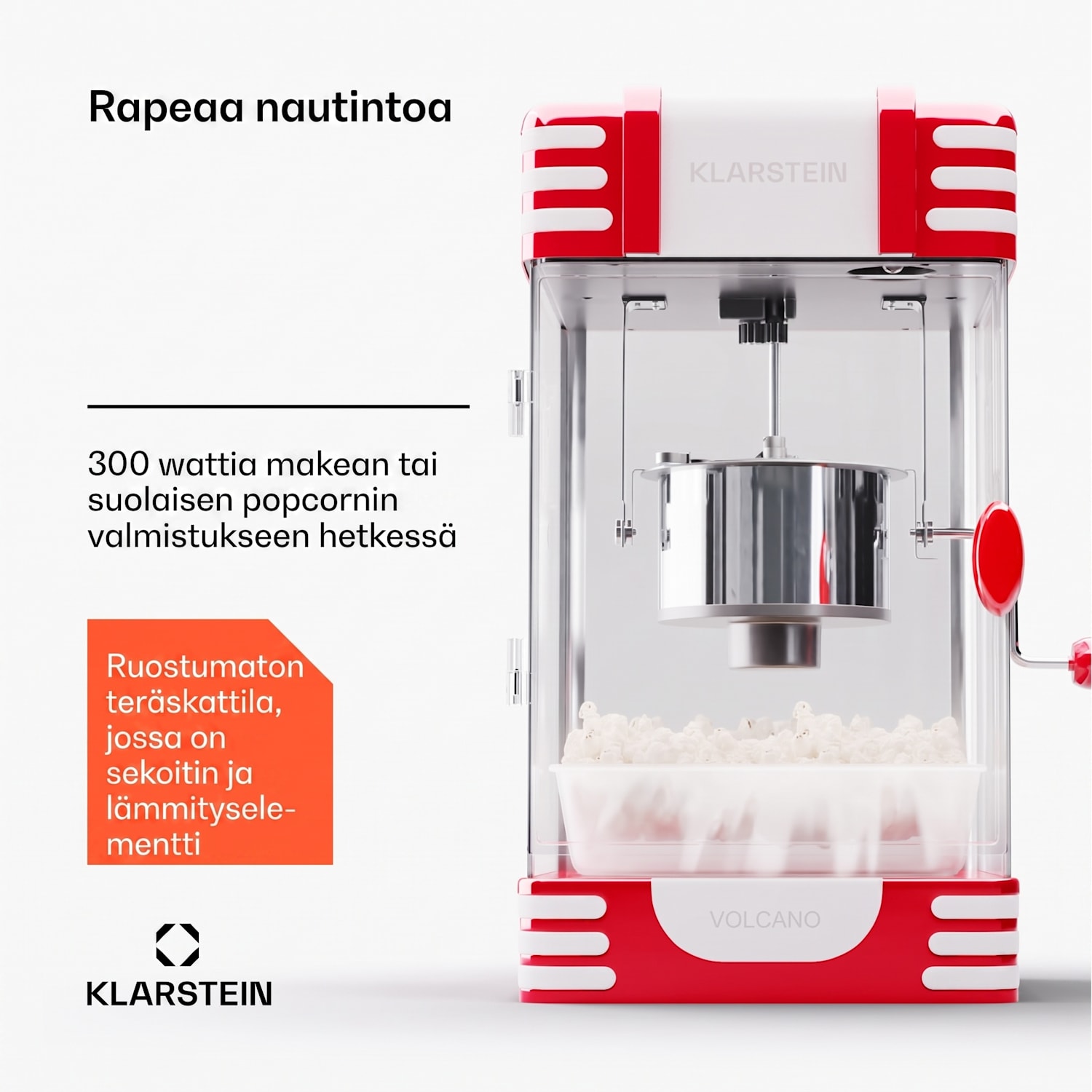 Volcano popcorn-kone 300 W kattila ruostumattomasta teräksestä 60 g / 4 min retromuotoilu Punainen