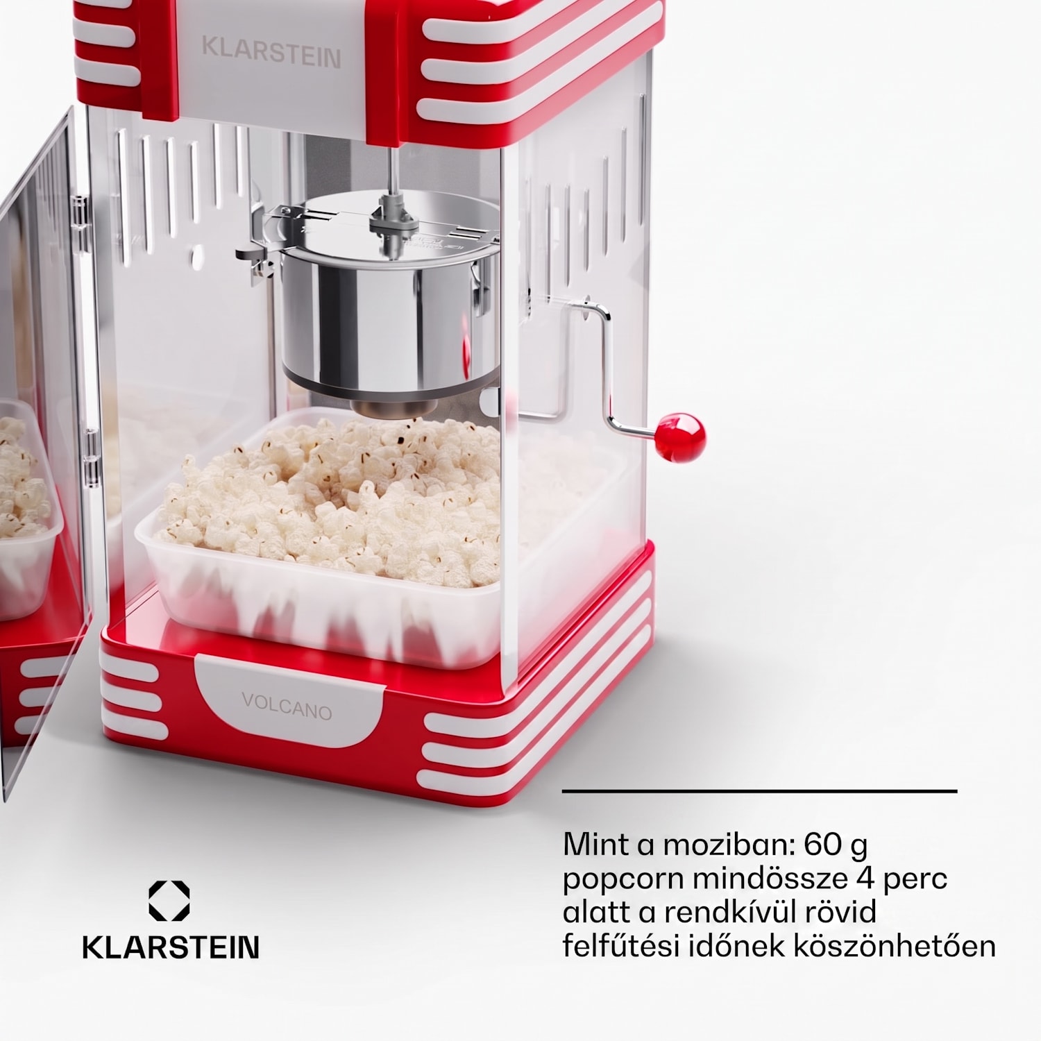 Volcano, popcorn készítő, 300 W, 60 g/4 perc, rozsdamentes acél edény, retro kialakítás Piros