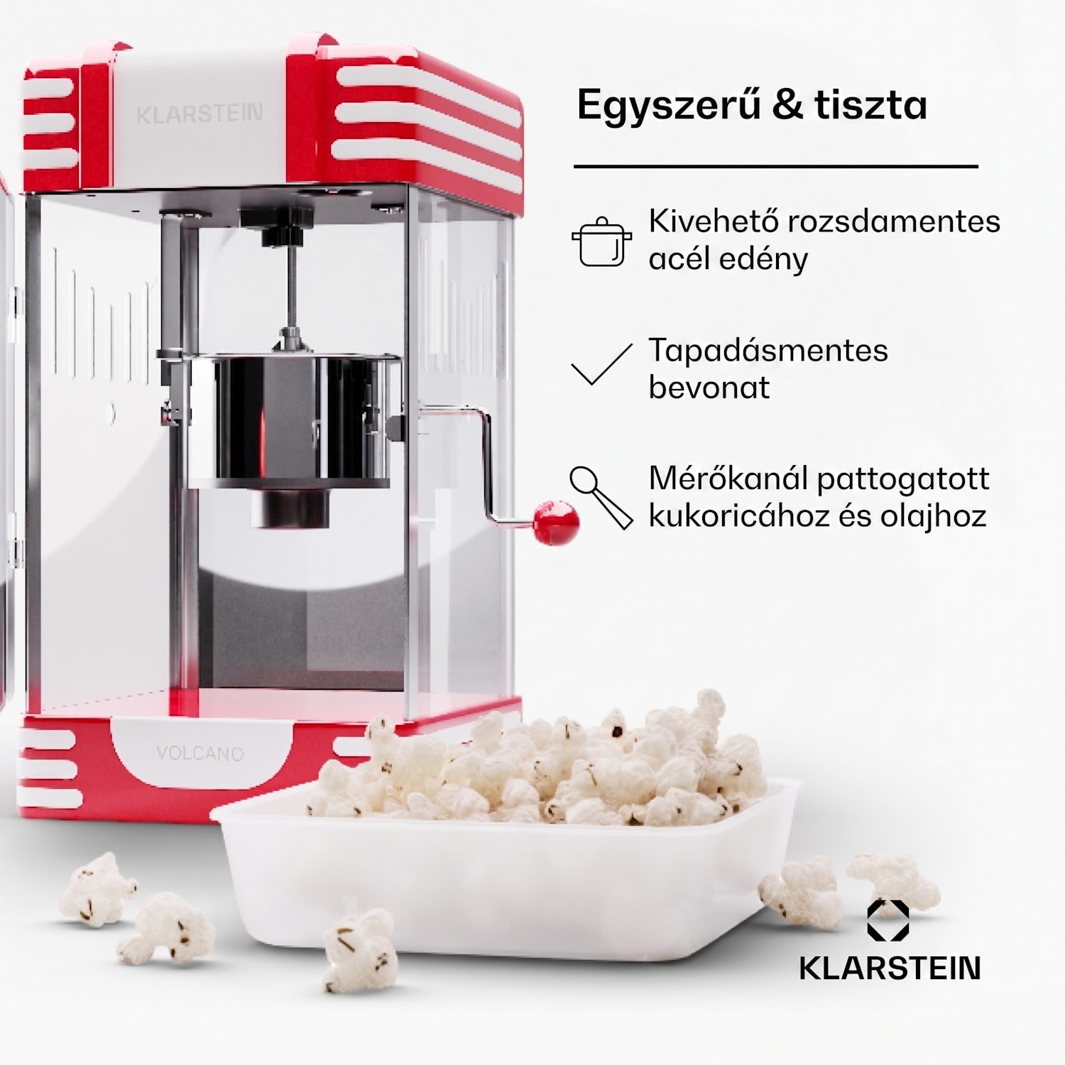 Volcano, popcorn készítő, 300 W, 60 g/4 perc, rozsdamentes acél edény, retro kialakítás Piros