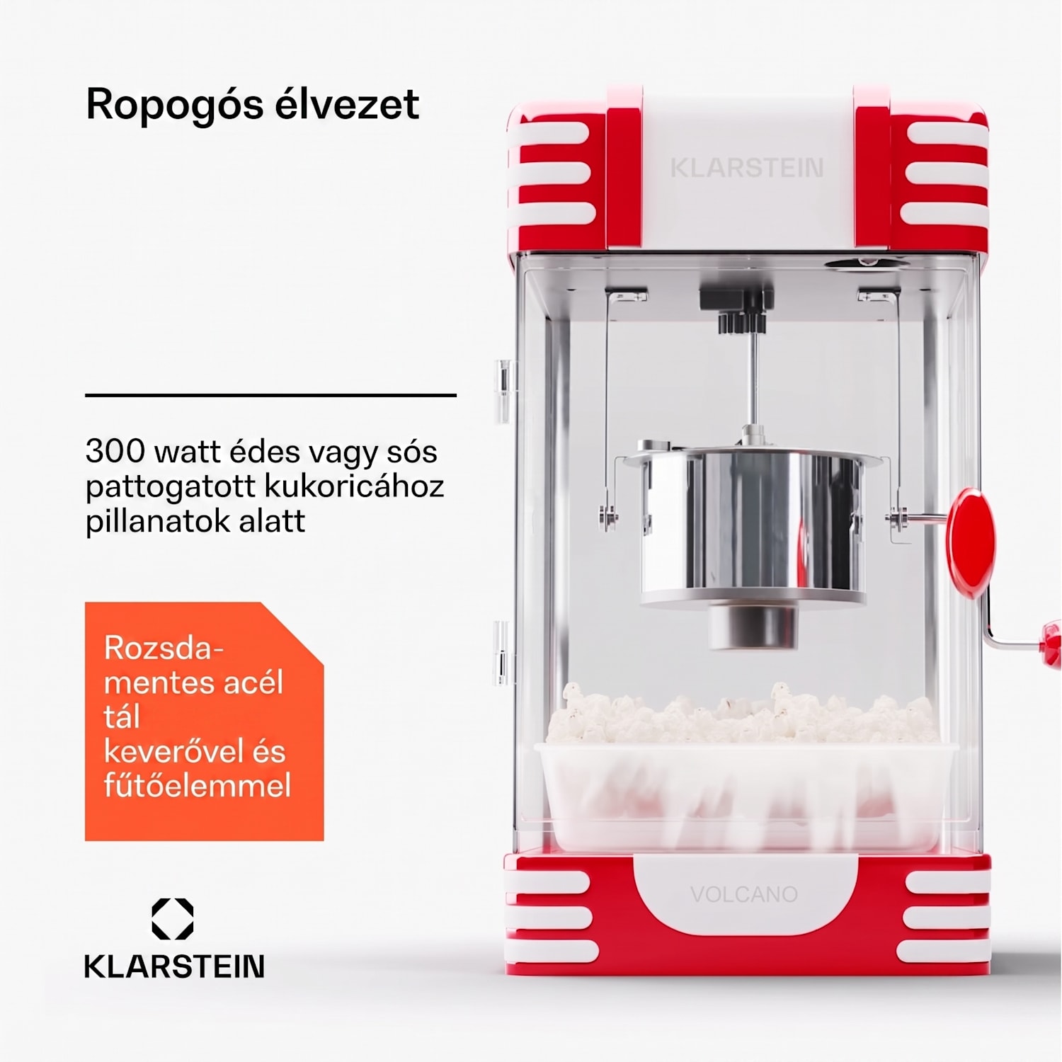 Volcano, popcorn készítő, 300 W, 60 g/4 perc, rozsdamentes acél edény, retro kialakítás Piros