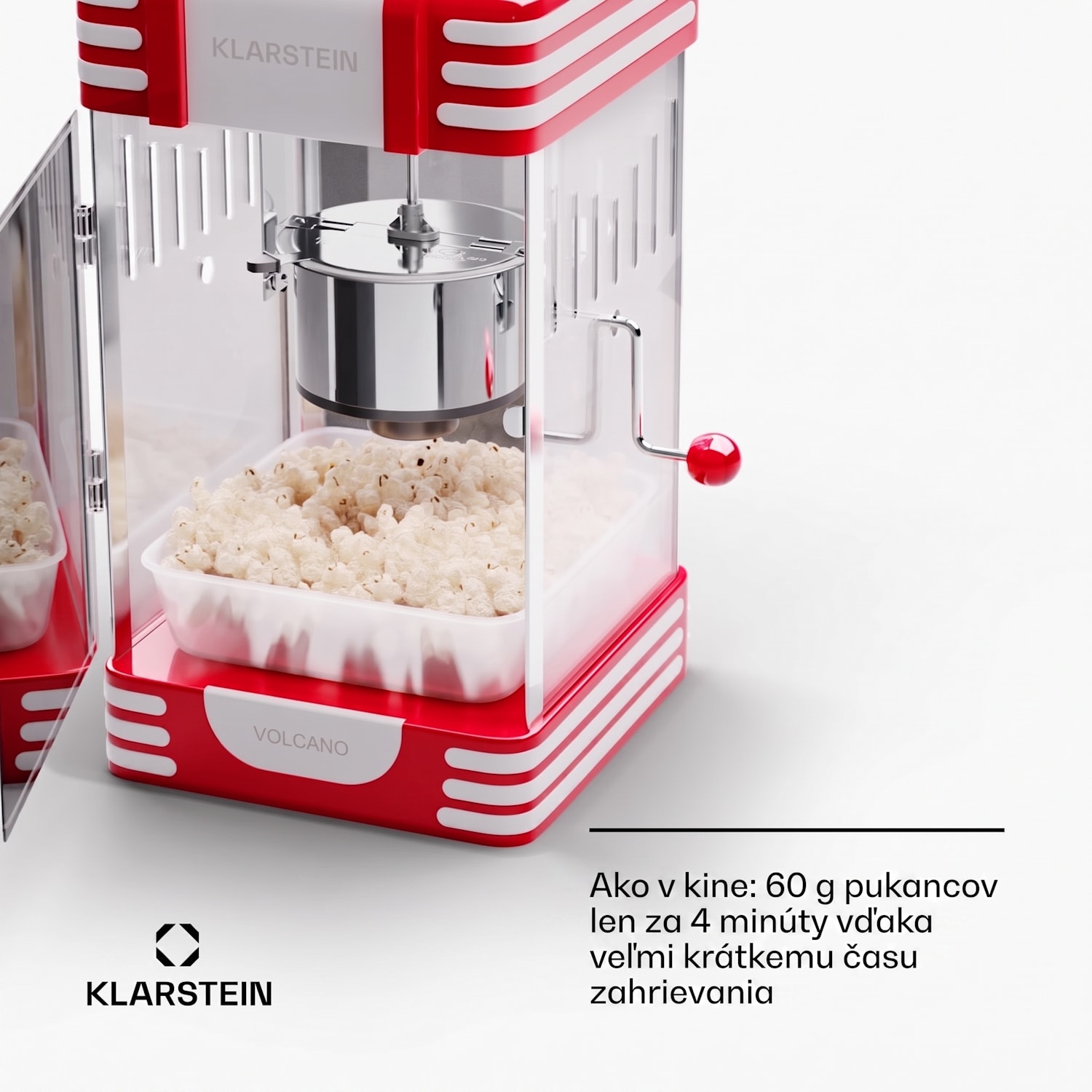 Volcano, popkornovač, 300 W, 60 g/4 min, hrniec z nehrdzavejúcej ocele, retro dizajn Červená