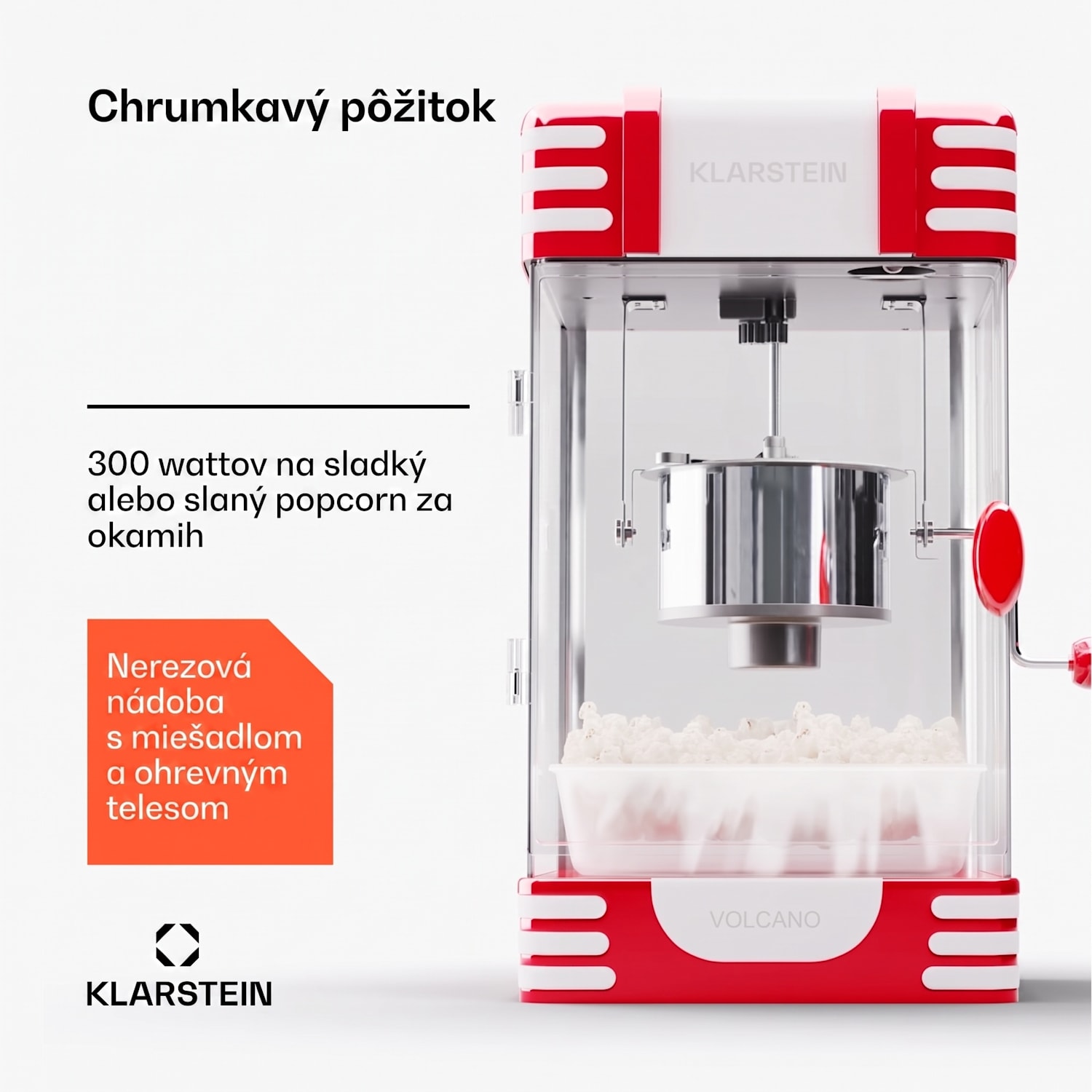 Volcano, popkornovač, 300 W, 60 g/4 min, hrniec z nehrdzavejúcej ocele, retro dizajn Červená