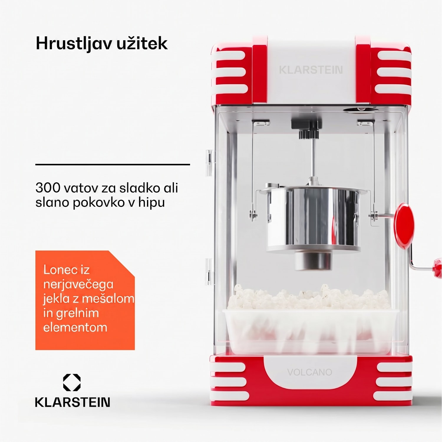 Volcano 300 W aparat za pokovko iz nerjavečega jekla 60 g / 4 min Retro Design Rdeča