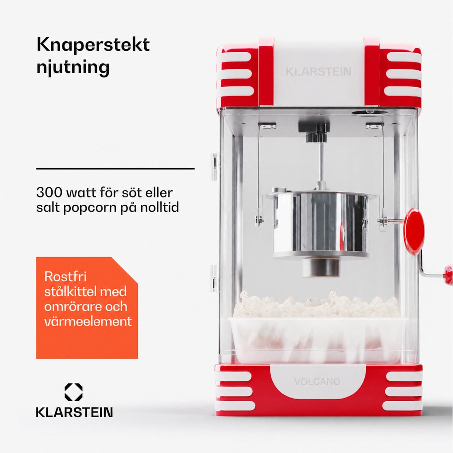 Volcano popcornmaskin 300 watt i rostfritt stål 60 g/4 min retrodesign 