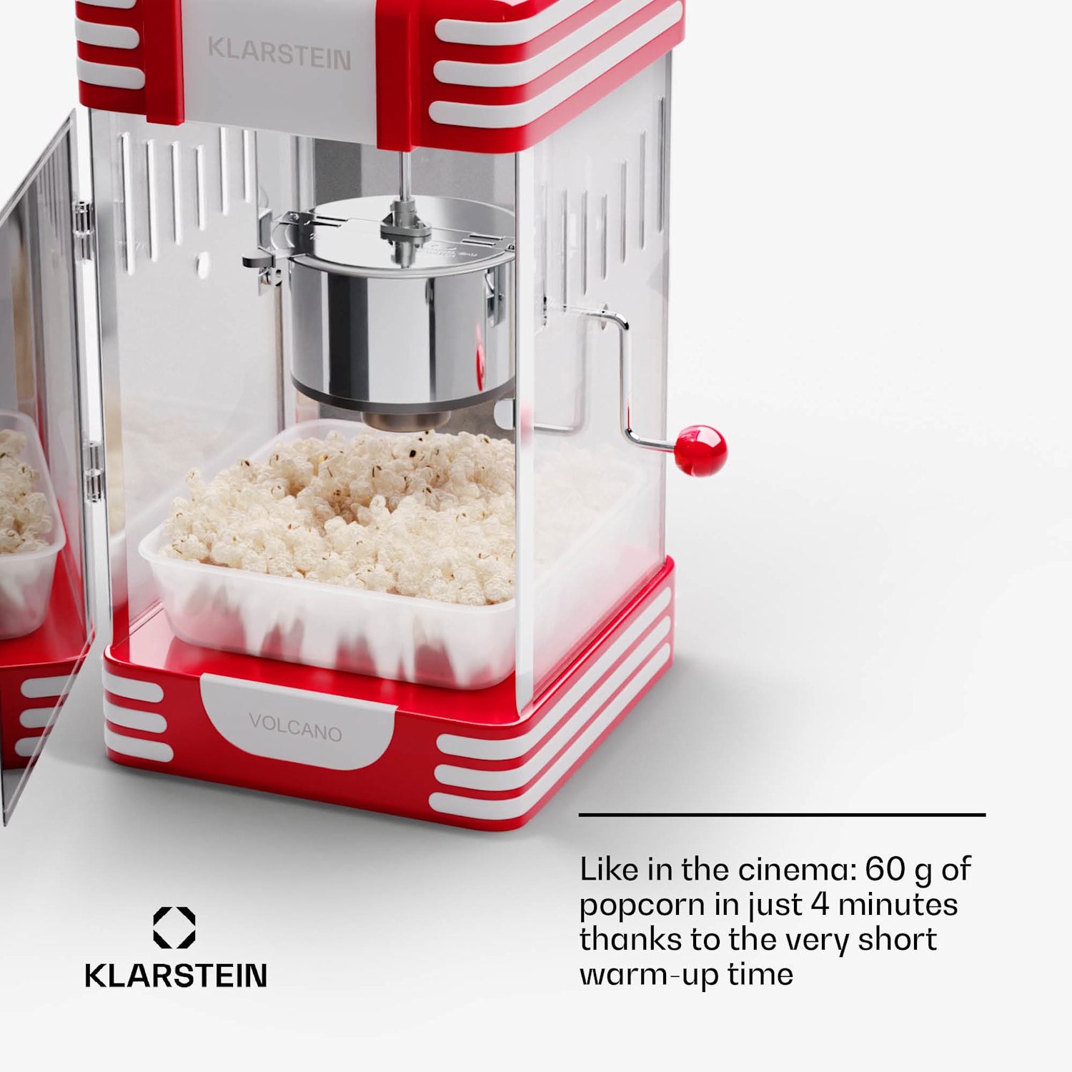 Volcano popcorn-kone 300 W kattila ruostumattomasta teräksestä 60 g / 4 min retromuotoilu Punainen