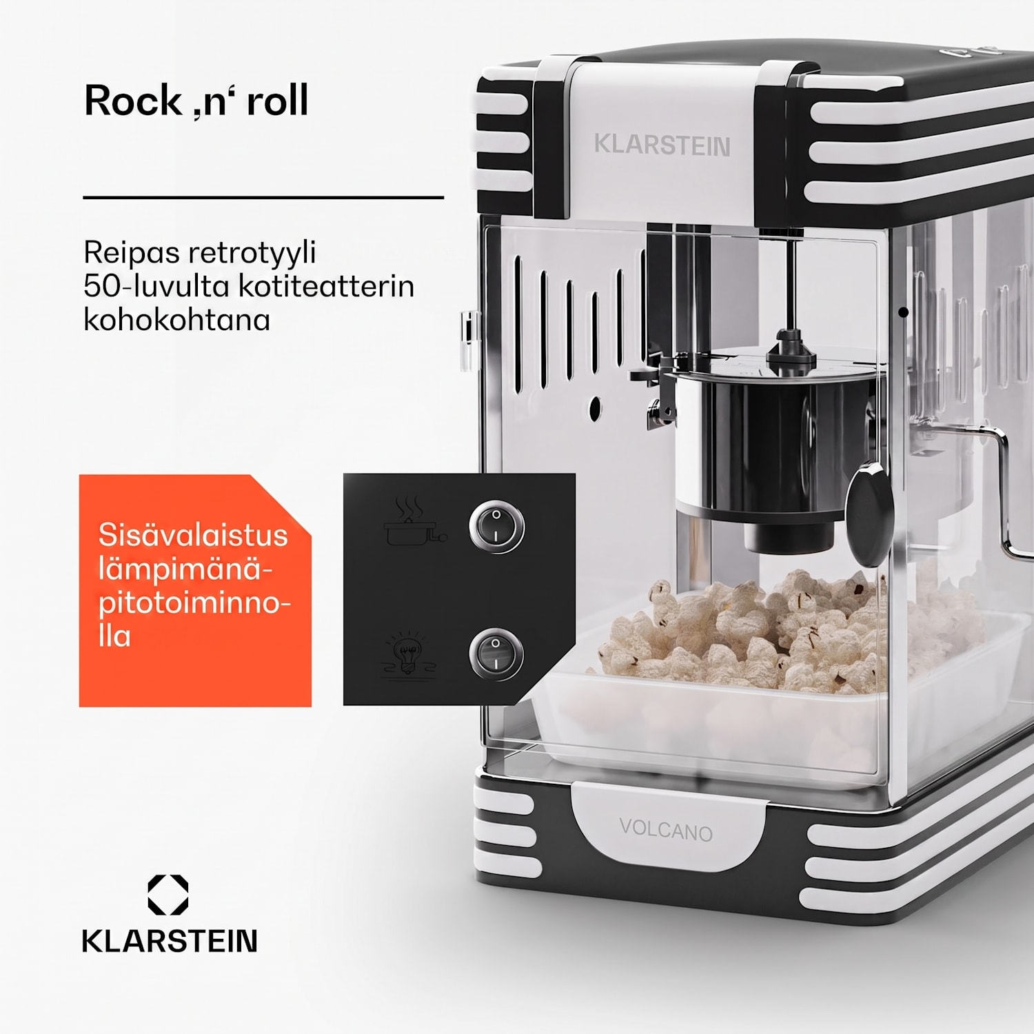 Volcano popcorn-kone 300 W kattila ruostumattomasta teräksestä 60 g / 4 min retromuotoilu Musta