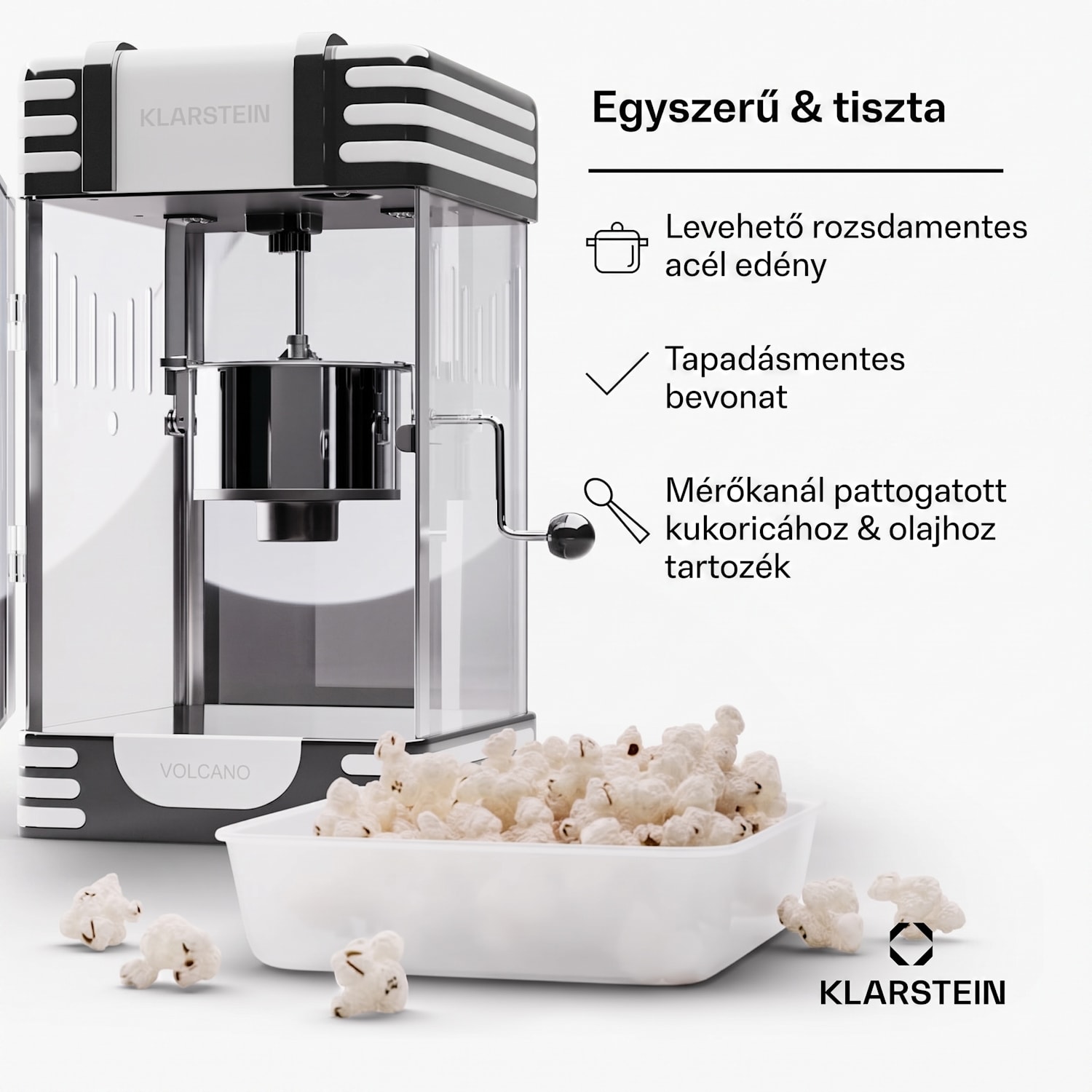Volcano, popcorn készítő, 300 W, 60 g/4 perc, rozsdamentes acél edény, retro kialakítás Fekete