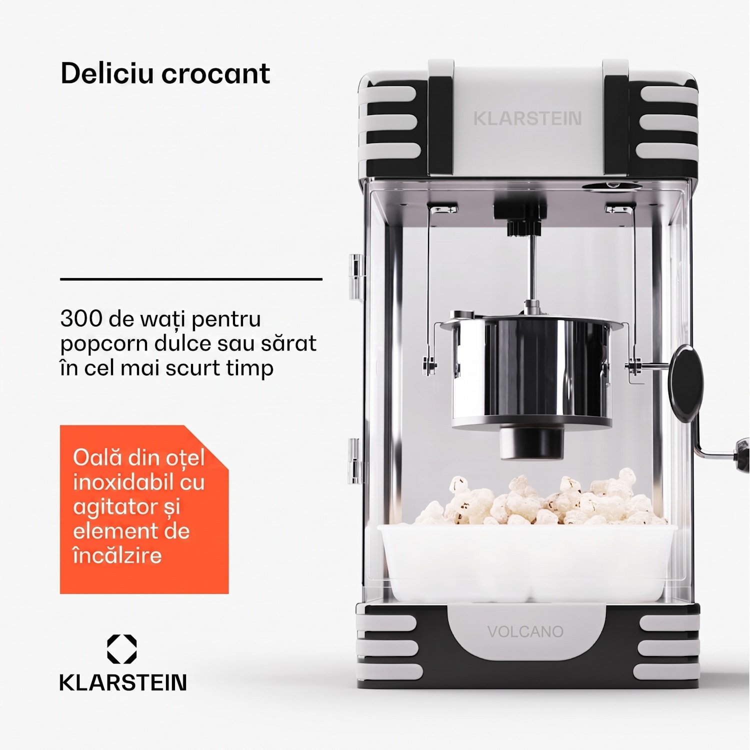 Aparat de făcut popcorn Volcano 300 W oală din oțel inoxidabil 60 g/4 min Design retro. Negru