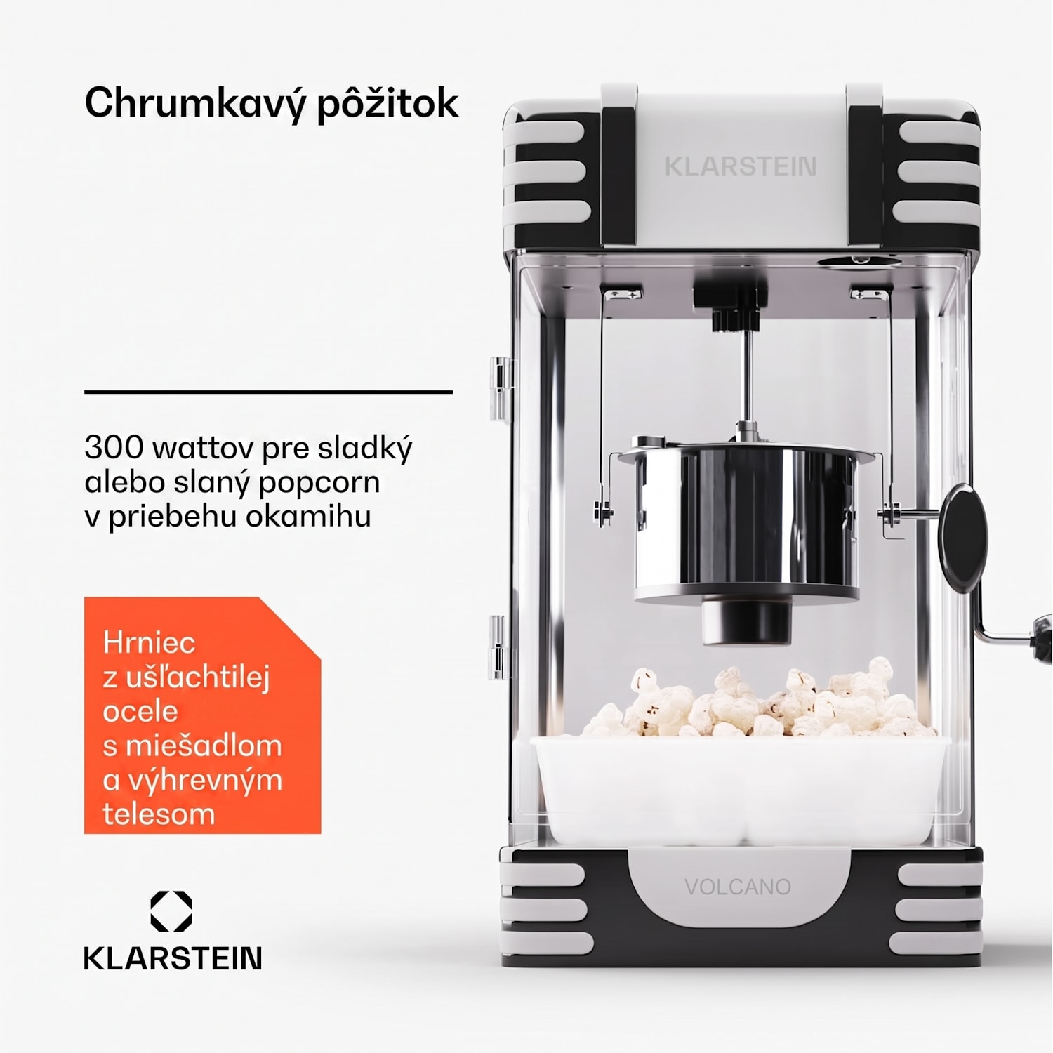 Volcano, popkornovač, 300 W, 60 g/4 min, hrniec z nehrdzavejúcej ocele, retro dizajn Čierna