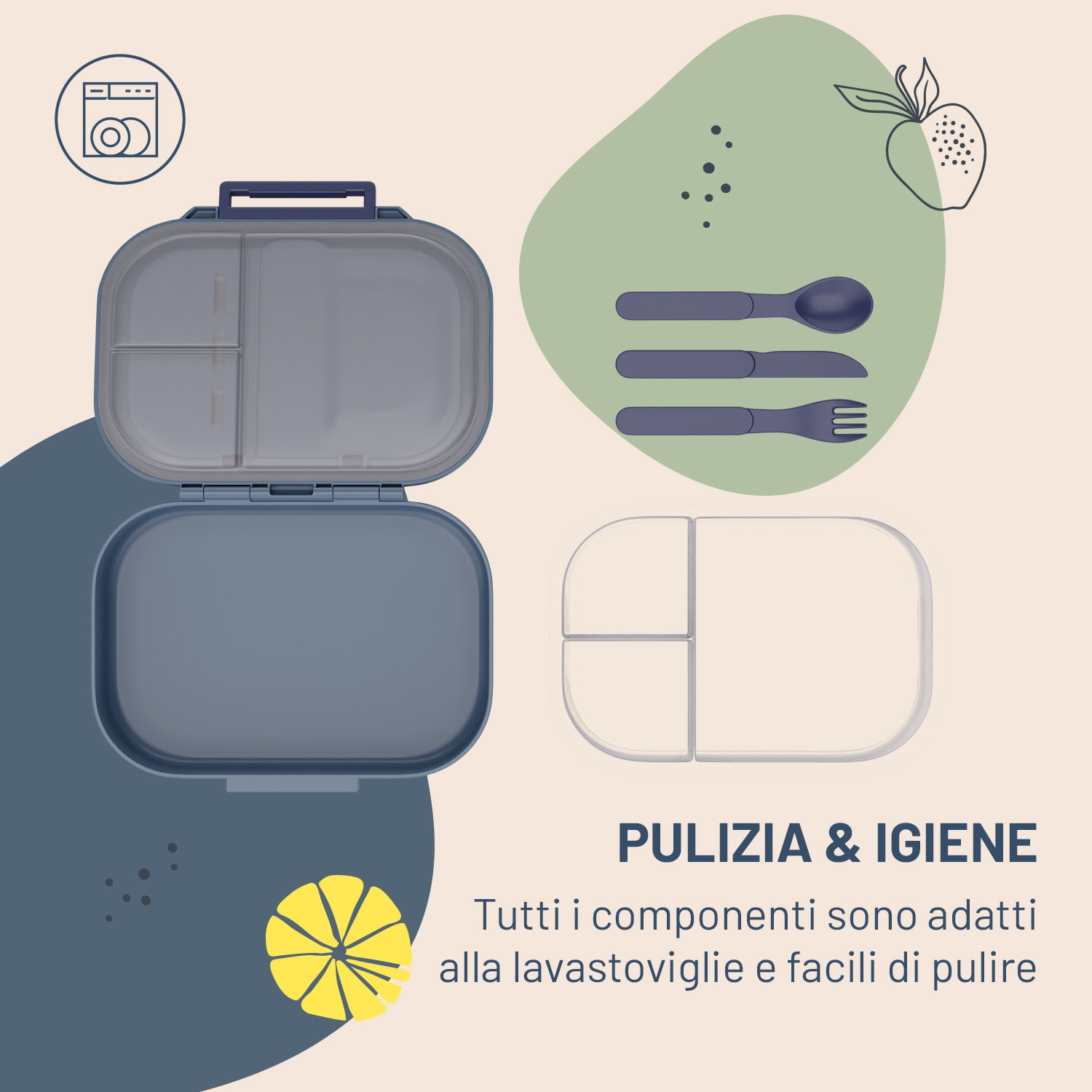 Bunko - Lunchbox, 3 scomparti, incl. 3 pz. Posate ca. 21 x 14,5 x 5,5 cm (LxAxP) Azzurro porcellana