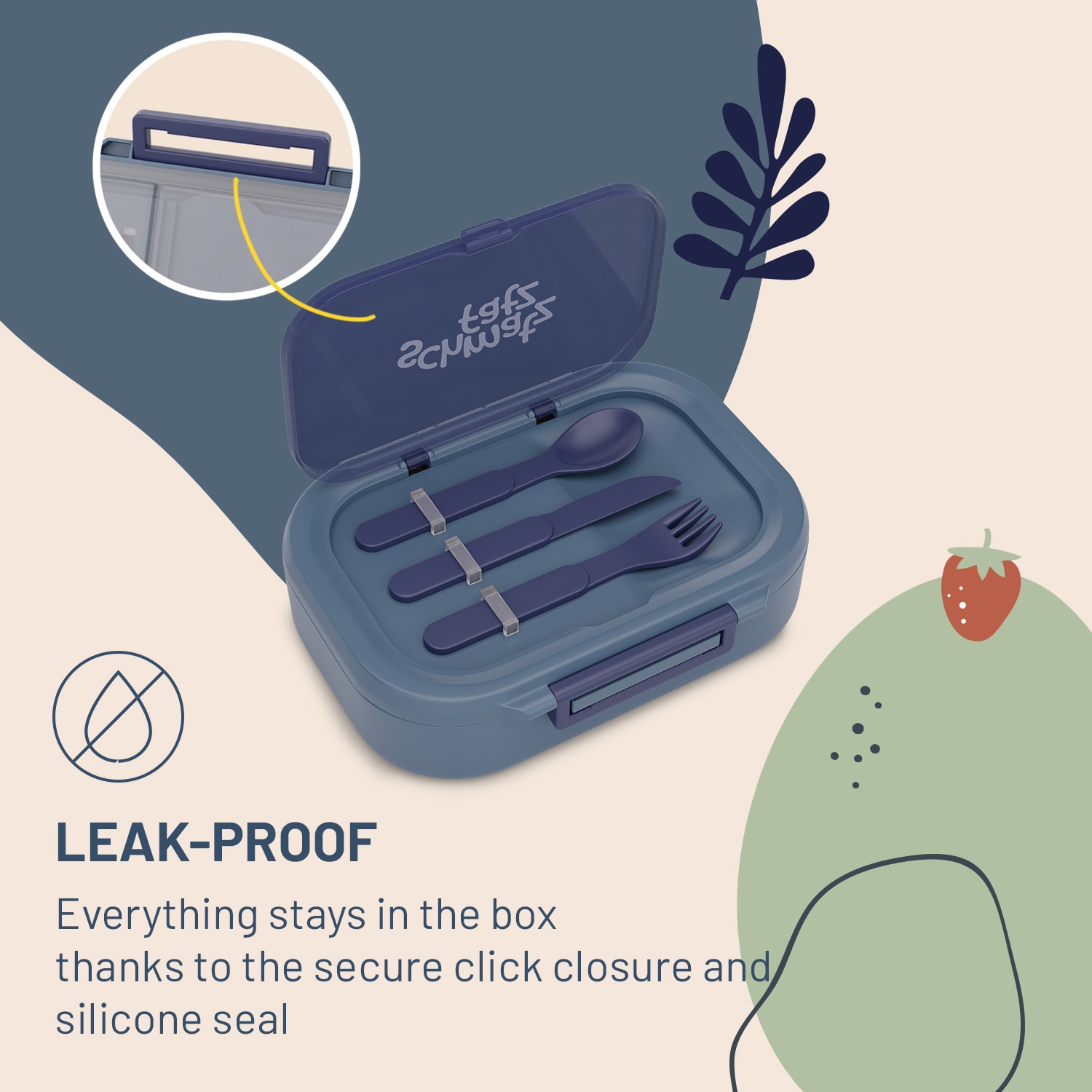 Ćelija, kutija za grickalice, 3 pretinca, 3-dijelni pribor za jelo Dimenzije: približno 21 x 14,5 x 5,5 cm (Š x V x D) 