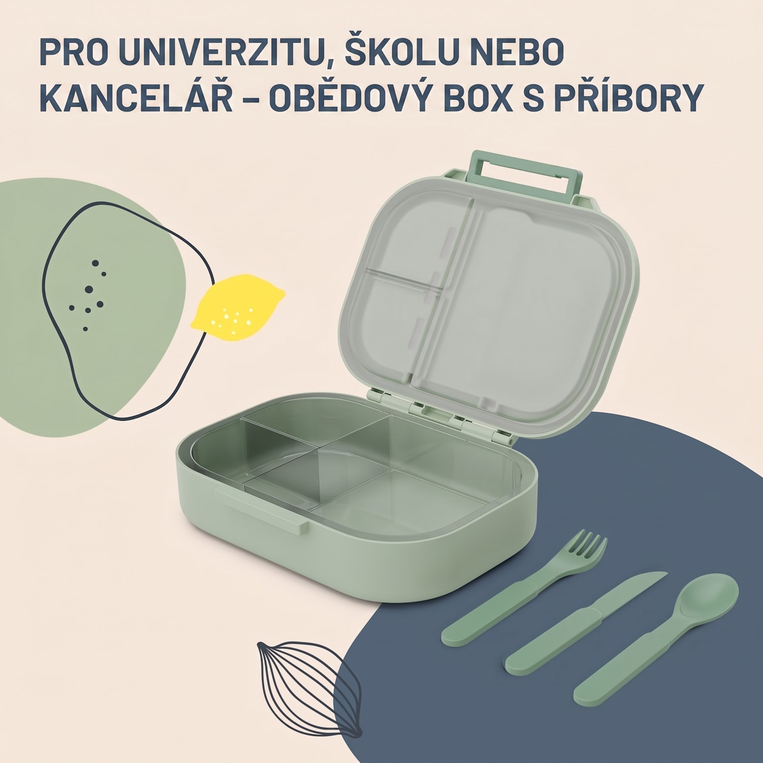 Bunko, svačinový box, 3 přihrádky, 3dílný příbor Rozměry: cca 21 x 14,5 x 5,5 cm (Š x V x H) Mech