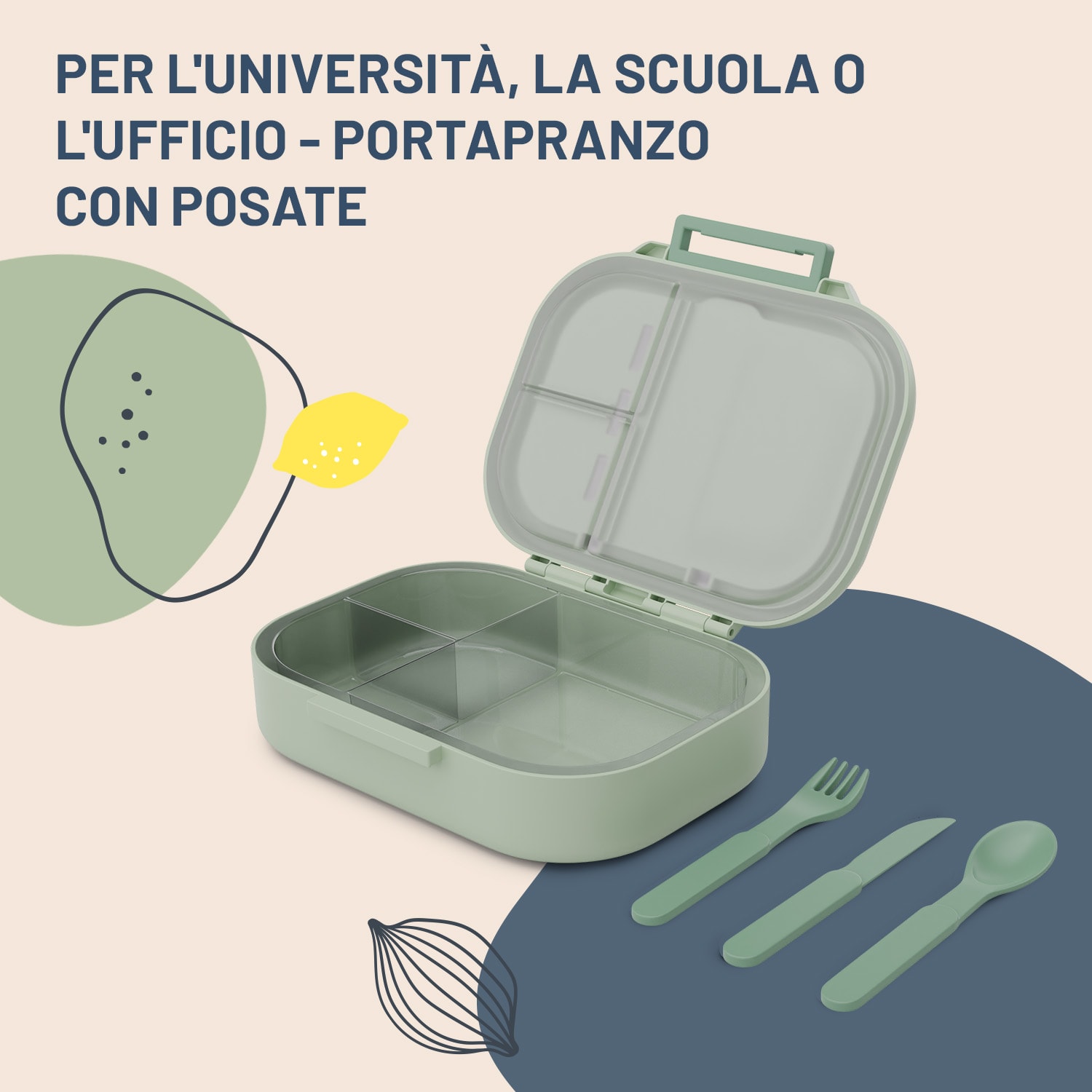 Bunko - Lunchbox, 3 scomparti, incl. 3 pz. Posate ca. 21 x 14,5 x 5,5 cm (LxAxP) Muschio
