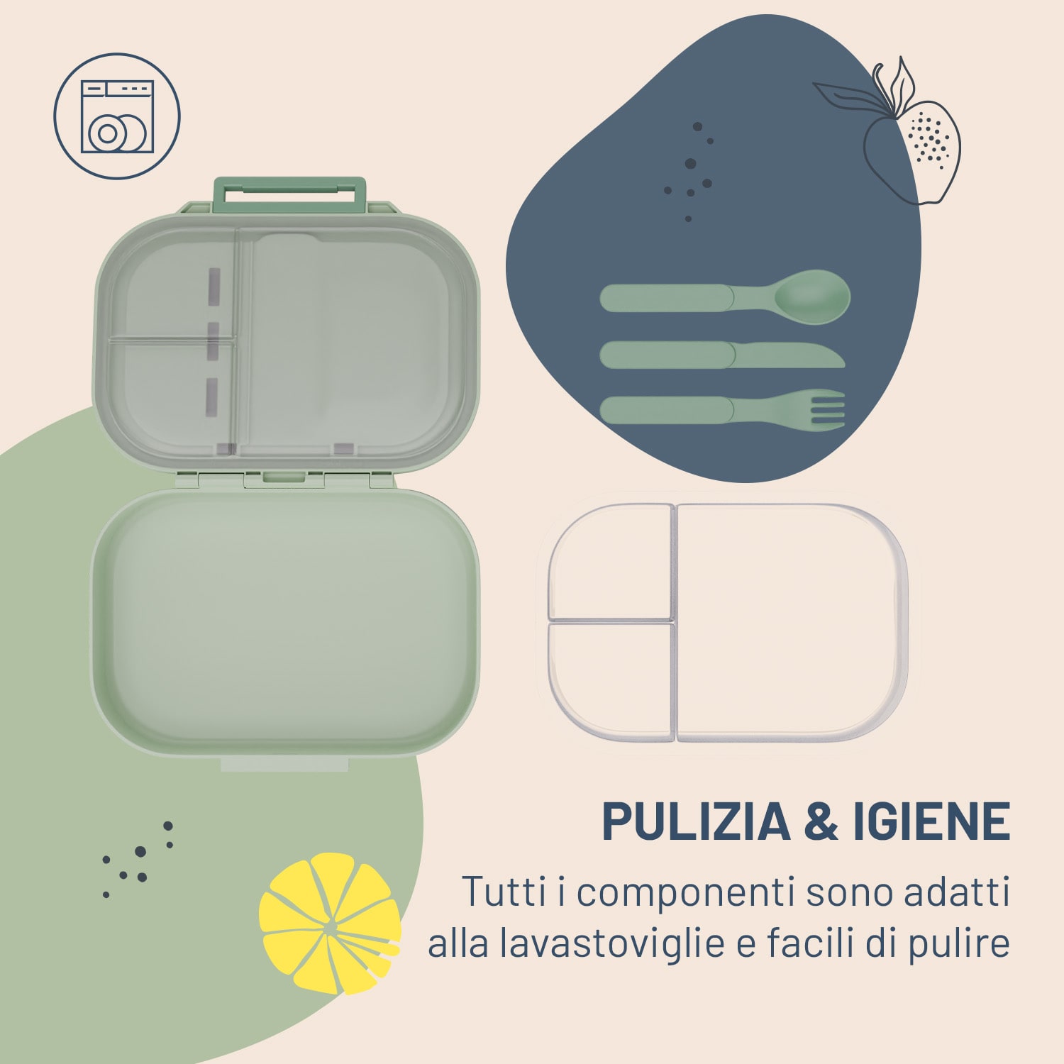 Bunko - Lunchbox, 3 scomparti, incl. 3 pz. Posate ca. 21 x 14,5 x 5,5 cm (LxAxP) Muschio