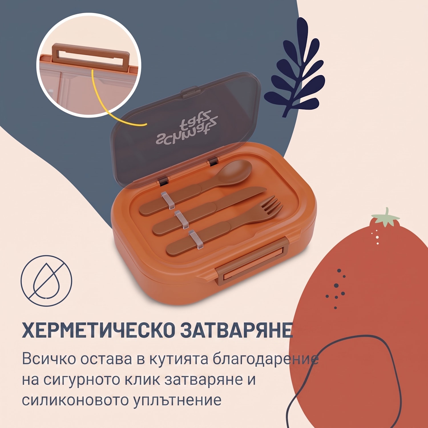 Bunko, кутия за закуска, 3 преградки, 3 броя прибори за хранене Размери: приблизително 21 x 14,5 x 5,5 см (Ш x В x Д) Оранжев
