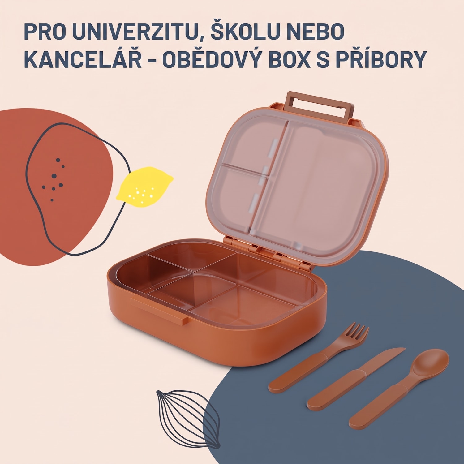 Bunko, svačinový box, 3 přihrádky, 3dílný příbor Rozměry: cca 21 x 14,5 x 5,5 cm (Š x V x H) Oranžová