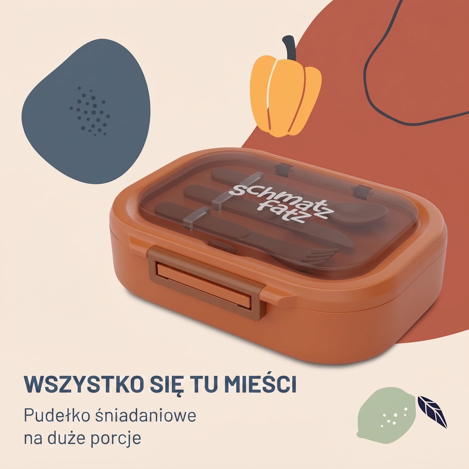 Bunko, śniadaniówka, pudełko na lunch, lunch box, 3 komory, sztućce, 21 x 14,5 x 5,5 cm Pomarańczowy
