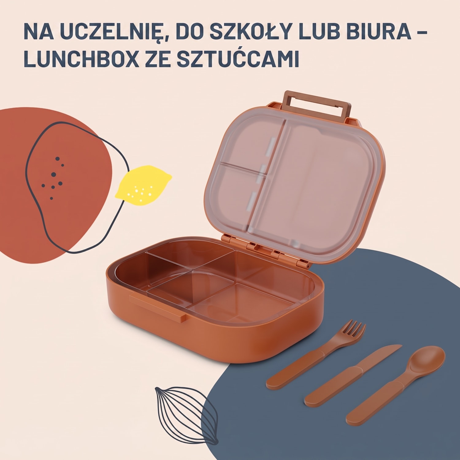 Bunko, śniadaniówka, pudełko na lunch, lunch box, 3 komory, sztućce, 21 x 14,5 x 5,5 cm Pomarańczowy