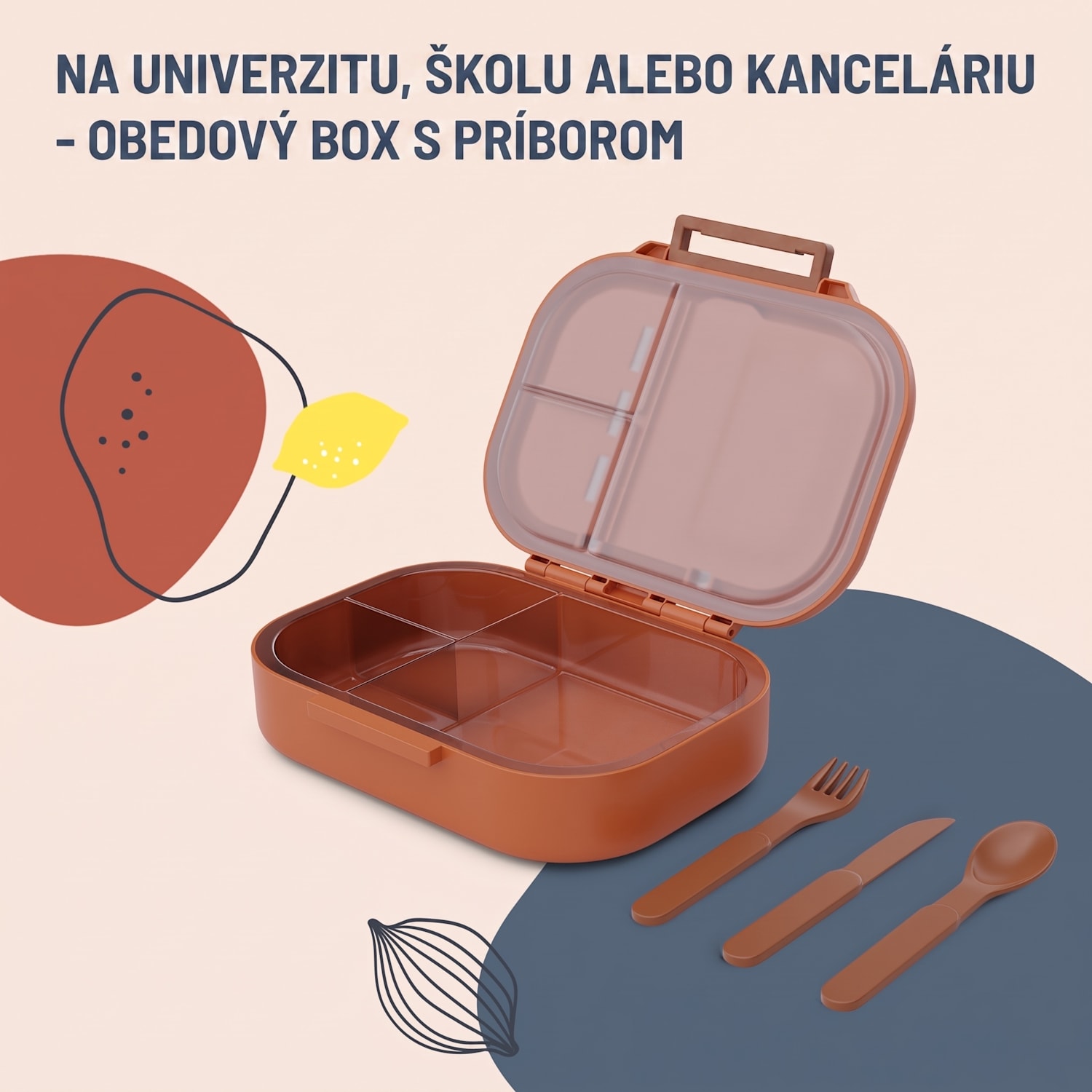 Bunko, desiatový box, 3 priehradky, 3-dielny príbor Rozmery: cca 21 x 14,5 x 5,5 cm (Š x V x H) Oranžová