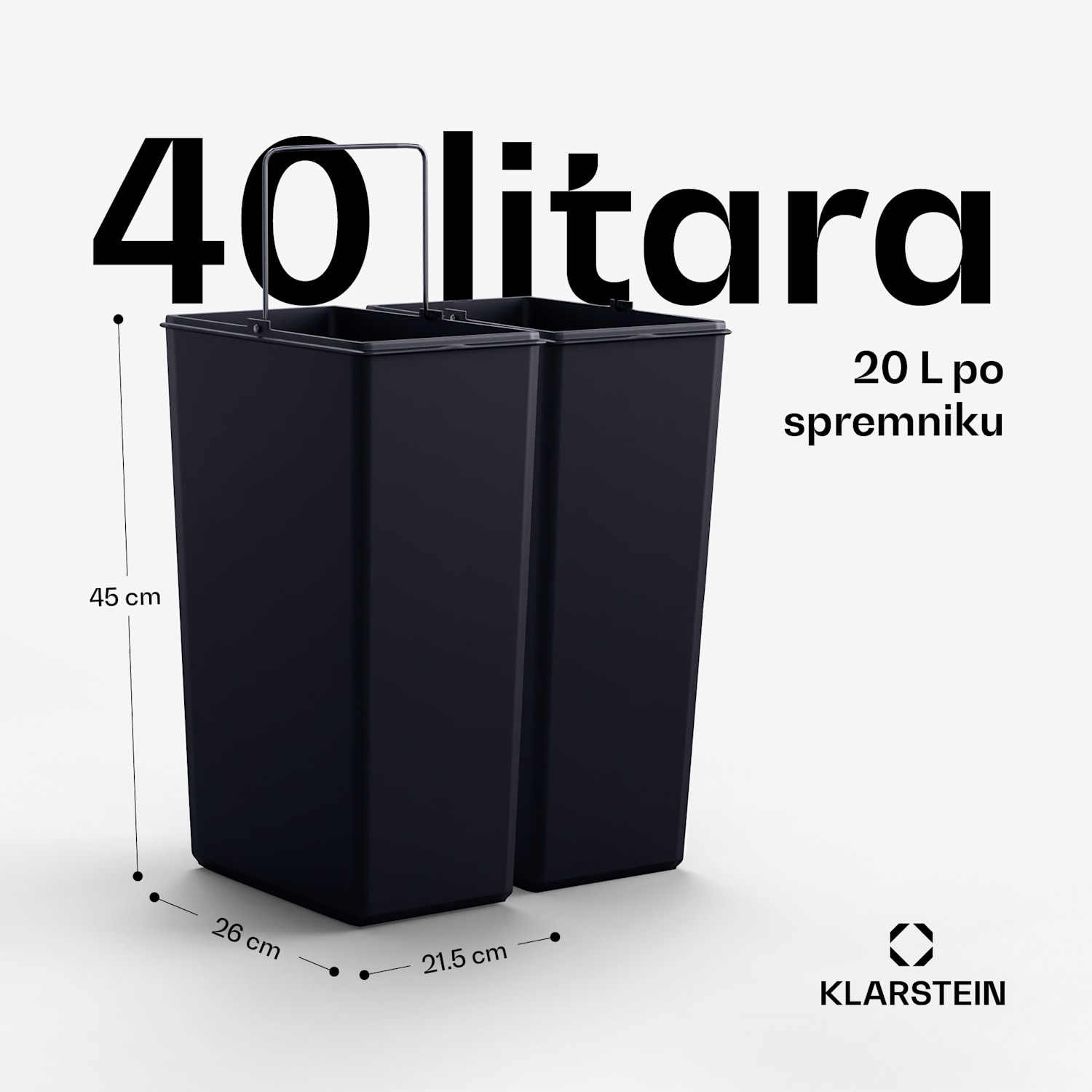 Grama 40, korpa za pedale, 40L / 2x20L, bešumna, PP plastika, retro 40 Ltr | Crna