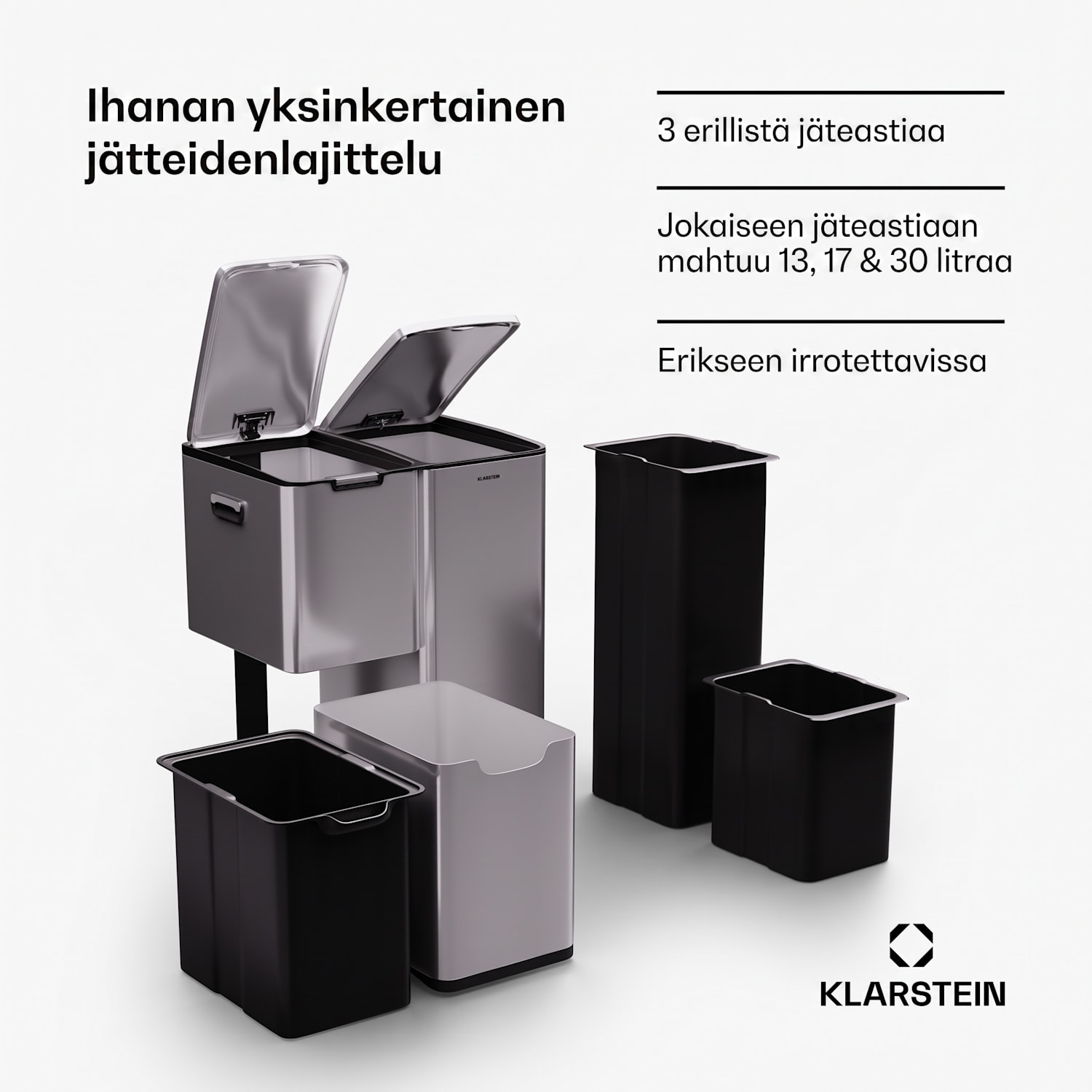 Tiyo 3-in-1 jäteastia 60 L irrotettavalla sisäastiolla Soft-Close 60 L | Ruostumaton Teräs