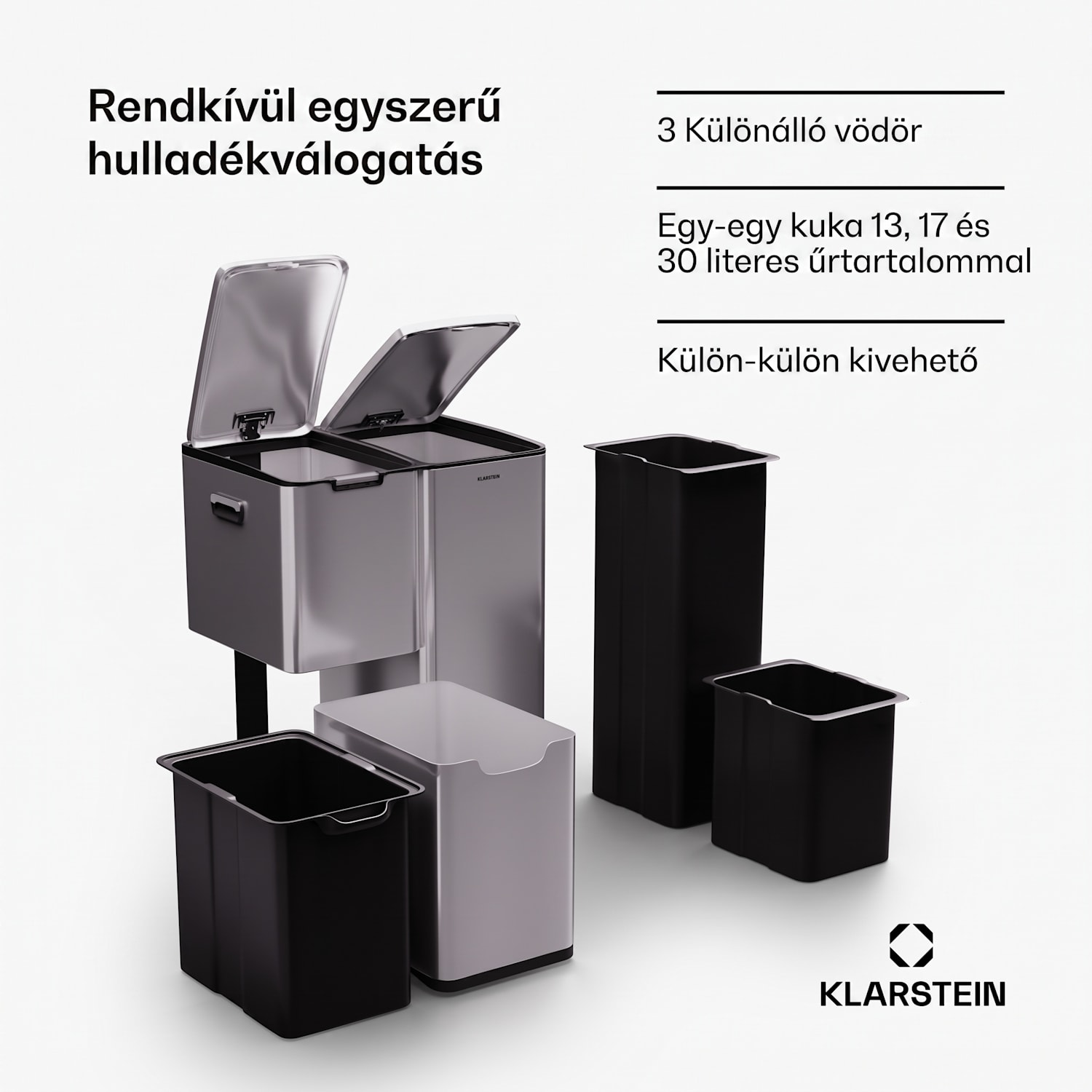 Tiyo 3 az 1-ben, szemetes, 60 literes, kivehető kosár, puha záródású 60 L | Rozsdamentes acél