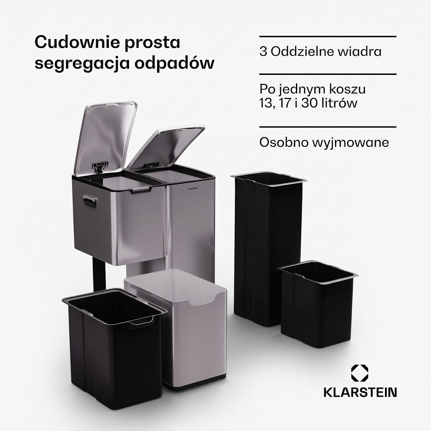 Tiyo 3 w 1, kosz do segregacji odpadów, 60 l, wyjmowane pojemniki, wolne zamykanie 60 L | Stal nierdzewna