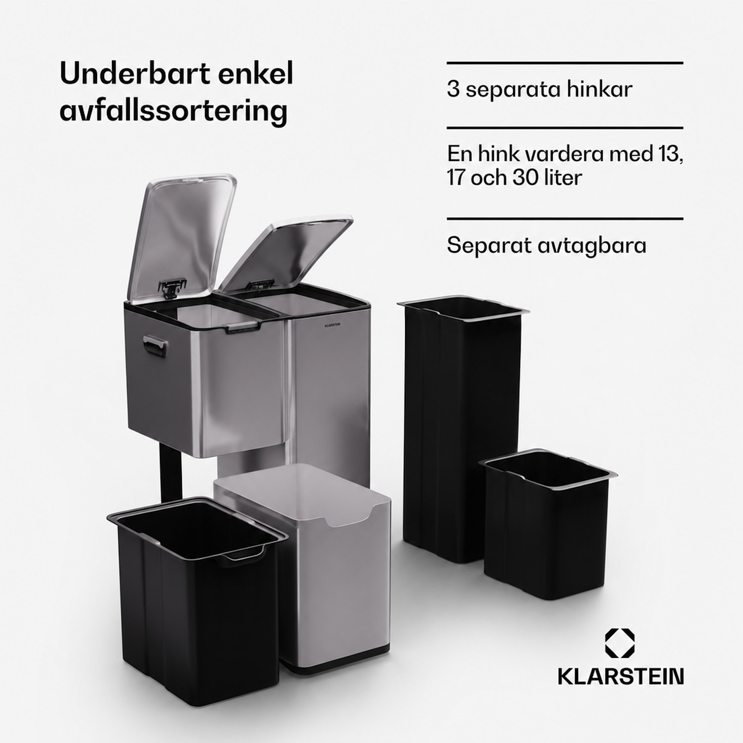 Tiyo 3-i-1 soptunna 60 L avtagbar hink Soft-Close 60 L | Rostfritt Stål