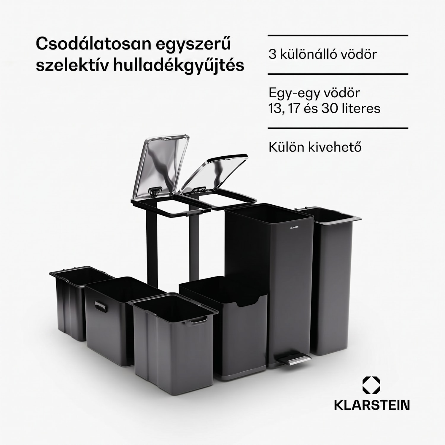 Tiyo 3 az 1-ben, szemetes, 60 literes, kivehető kosár, puha záródású 60 L | Fekete