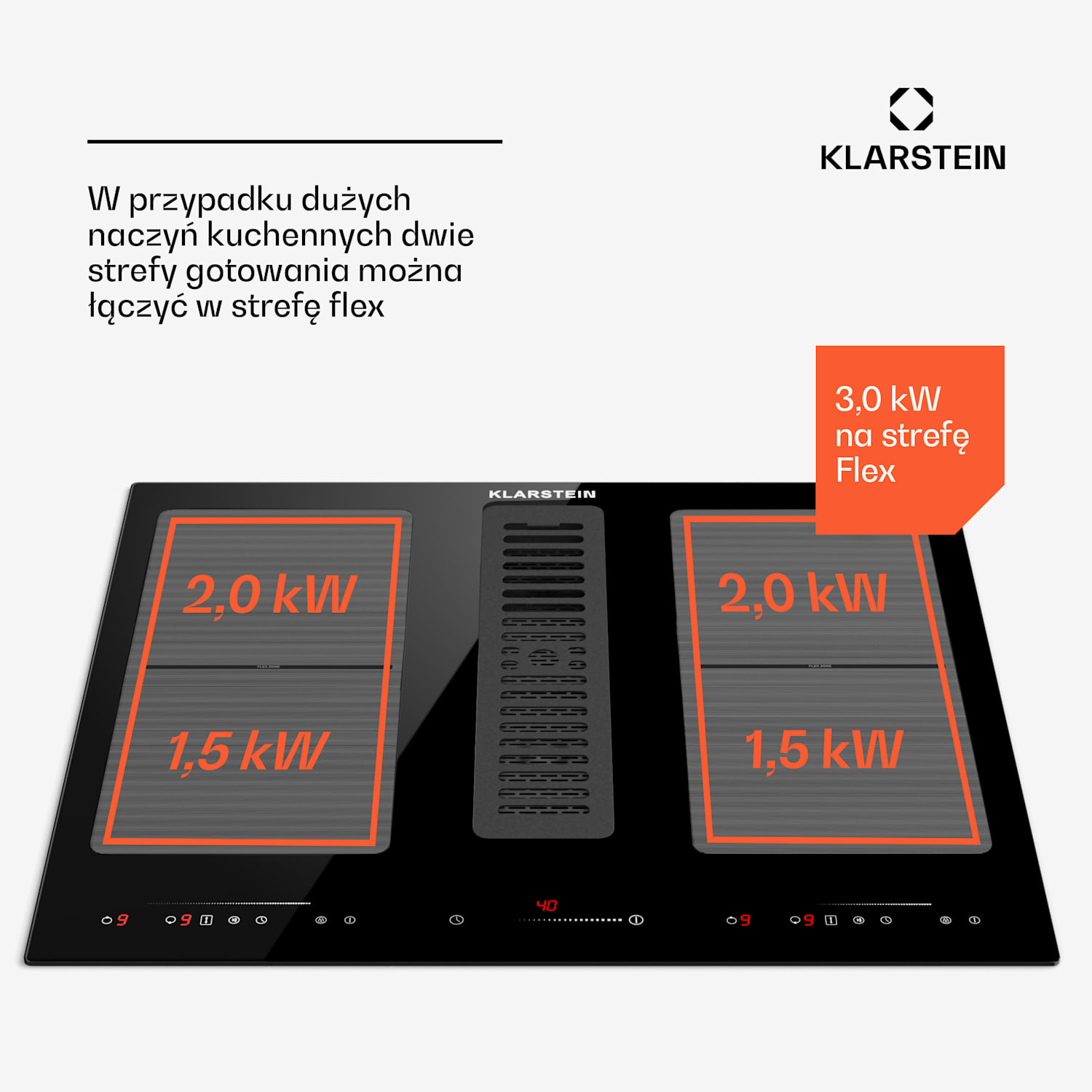 Full House 60, płyta indukcyjna z okapem, system Down Air, 329 m³/h, klasa energetyczna A 