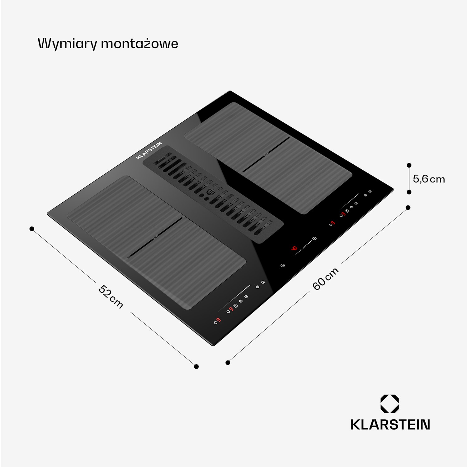 Full House 60, płyta indukcyjna z okapem, system Down Air, 329 m³/h, klasa energetyczna A 