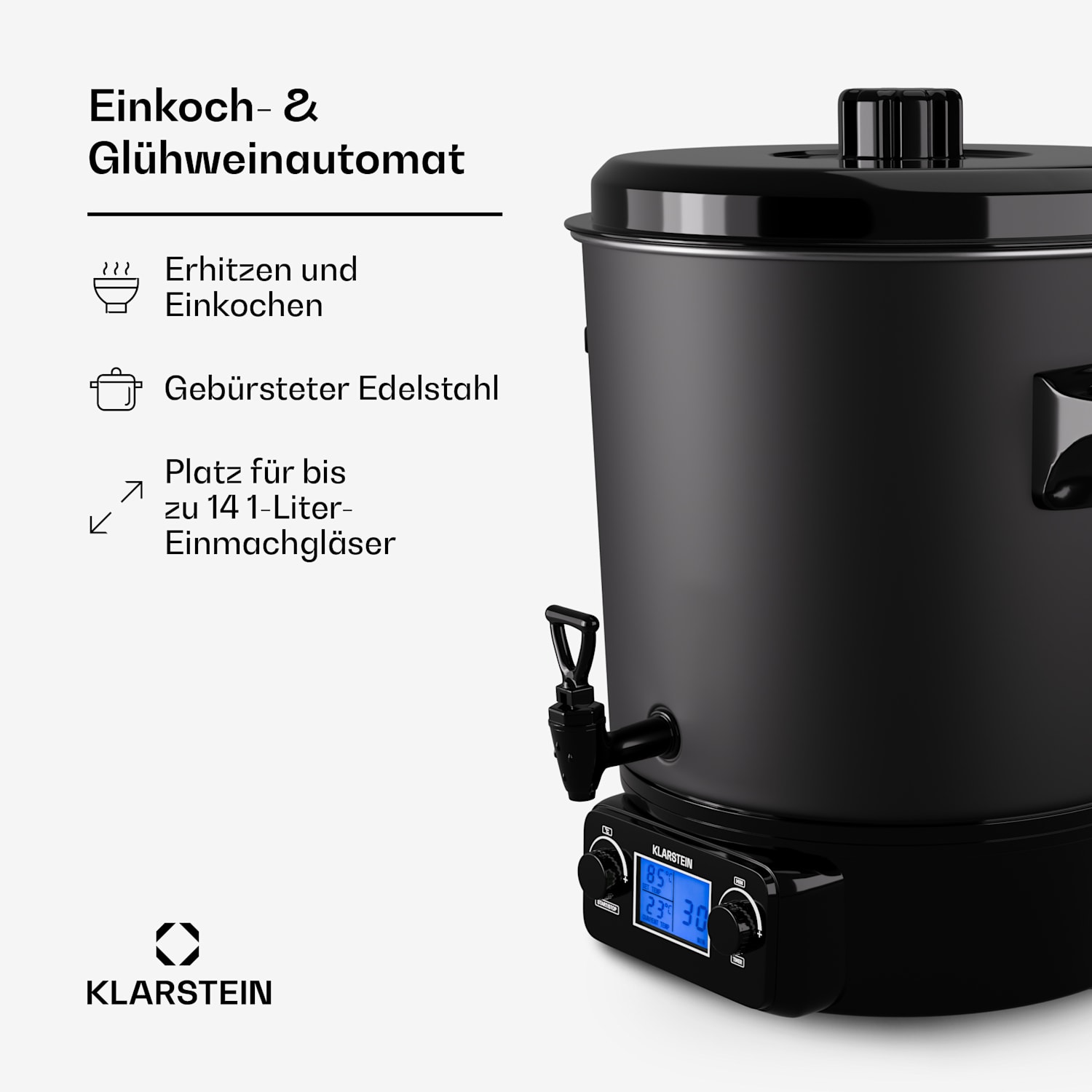 Biggie Digital - Pastorizzatore per conserve, distributore di bevande calde, elettrico, 27L, 2000W, acciaio inox 27 L | Digitale | Nero