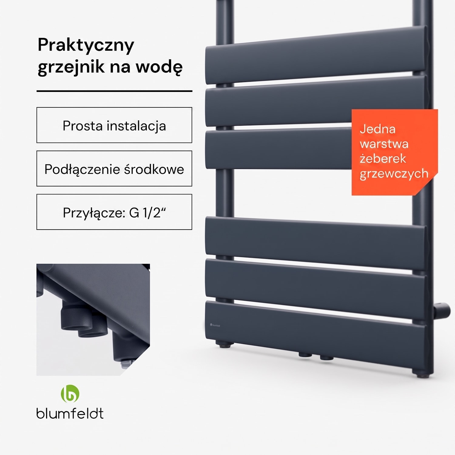 Fairmont, grzejnik, 50 x 107 cm, 509 W, ciepła woda, 4 wieszaki na ręczniki, 1/2" 50 x 107 cm | Antracyt