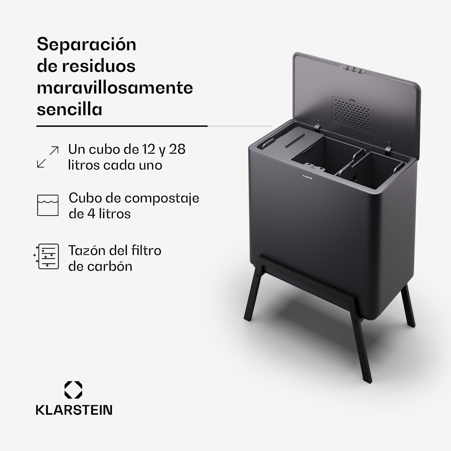 Cubo de basura Yuma 40 L incl. cubo de compost con patas Filtro de olores 40 L | Negro