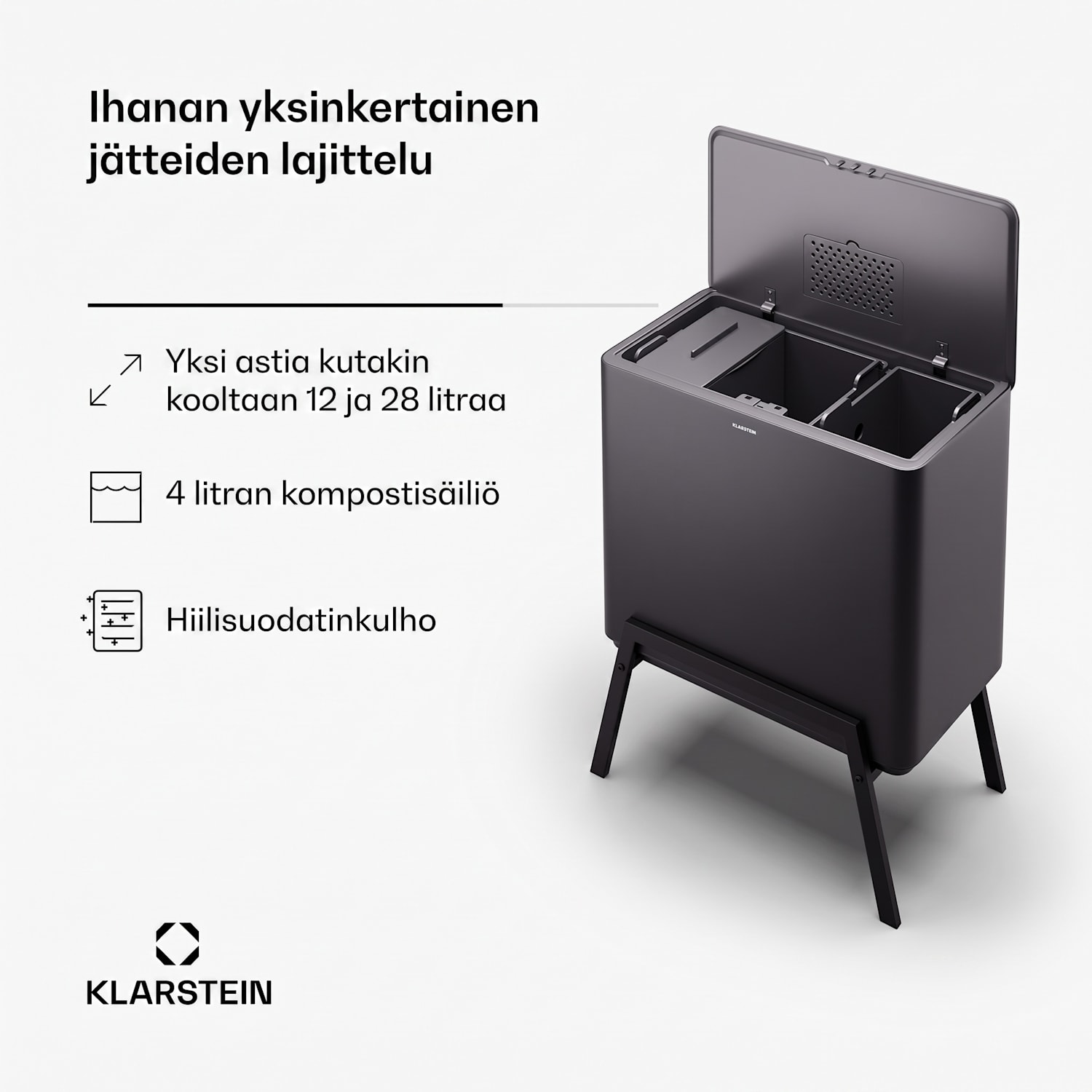 Yuma jäteastia 40 l sis. kompostisäiliön, jalat ja hajusuodattimen 40 L | Musta