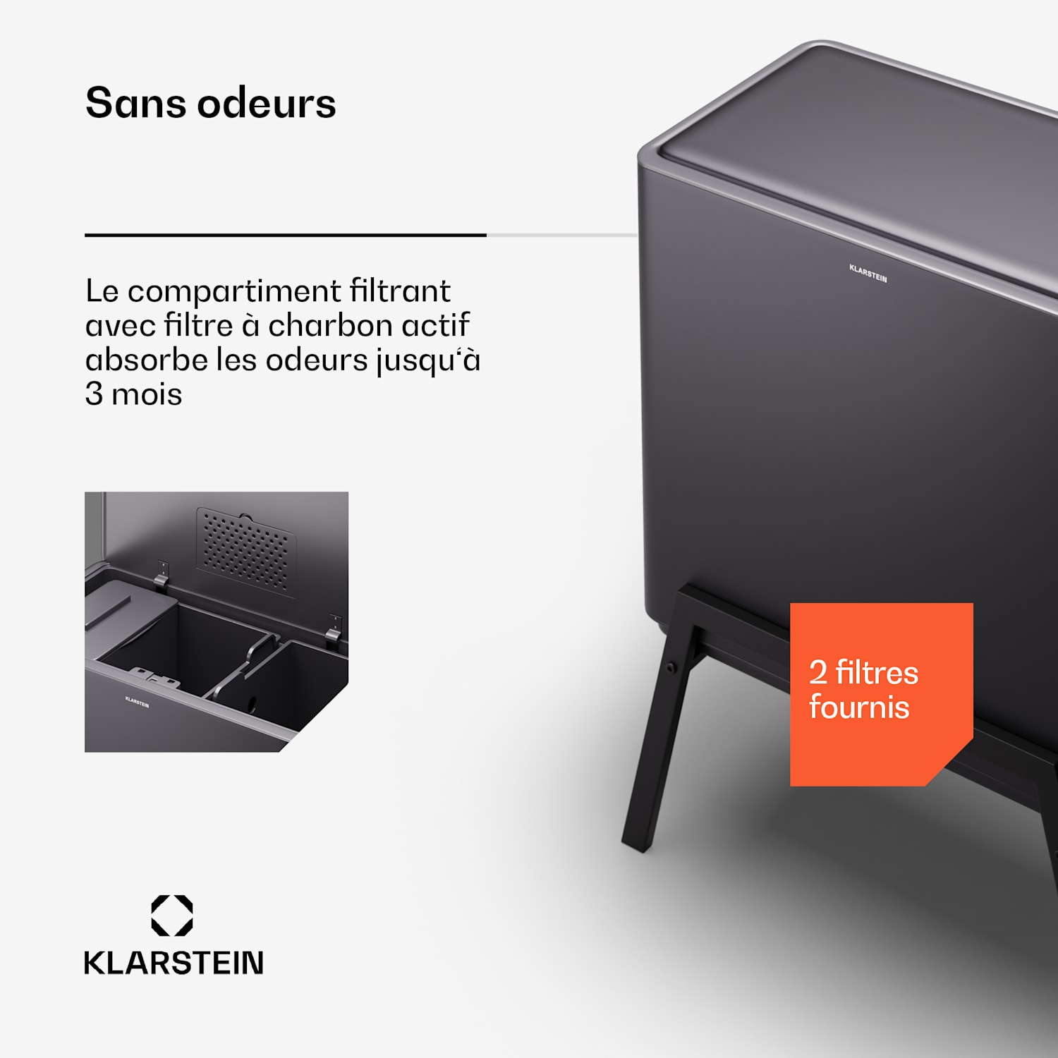 Yuma afvalbak 40 L incl. compostemmer met pootjes geurfilter 40 ltr | Zwart