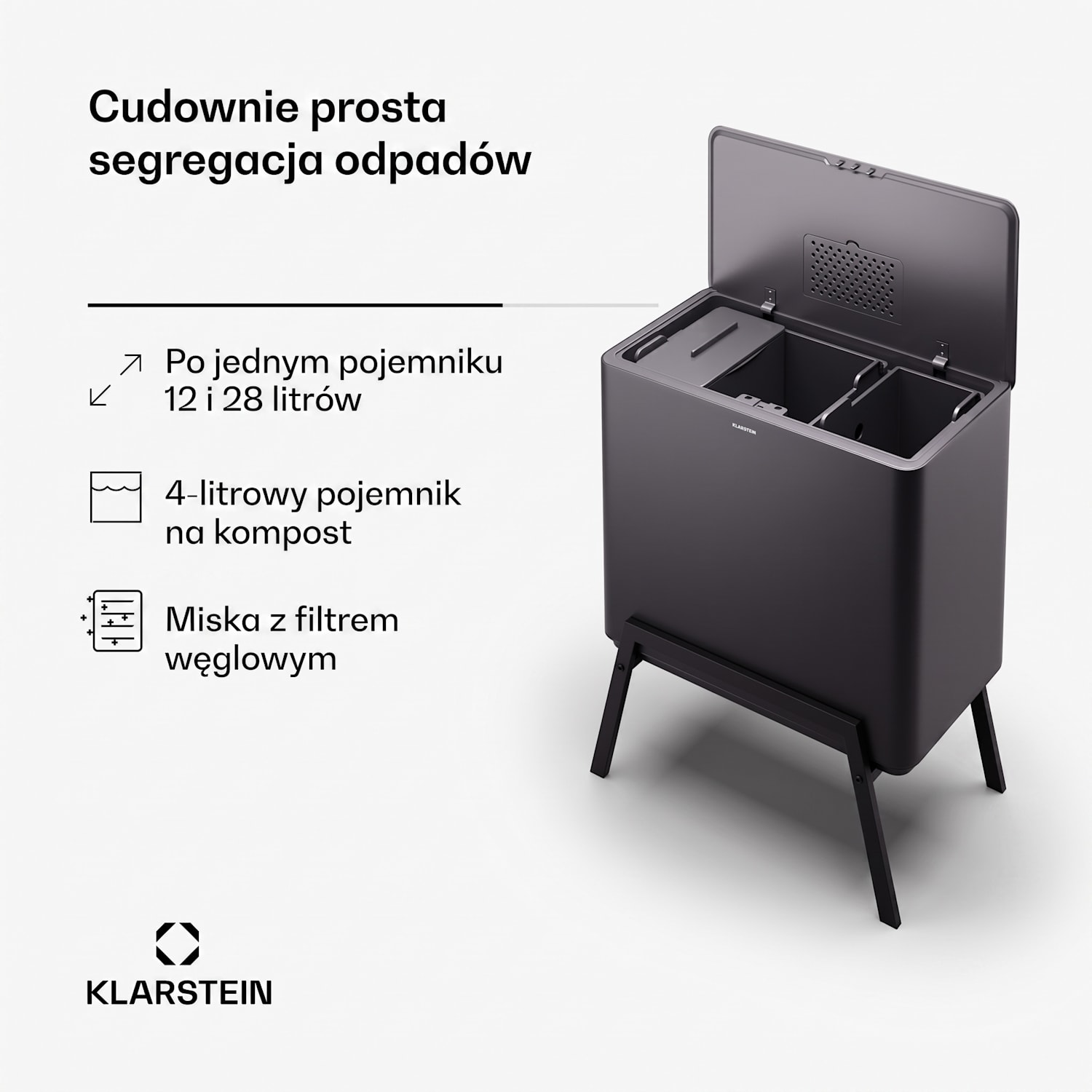 Yuma, kosz do segregacji odpadów, 40 l, pojemnik na kompost, na nóżkach, filtr przeciwzapachowy 40 L | Czarny