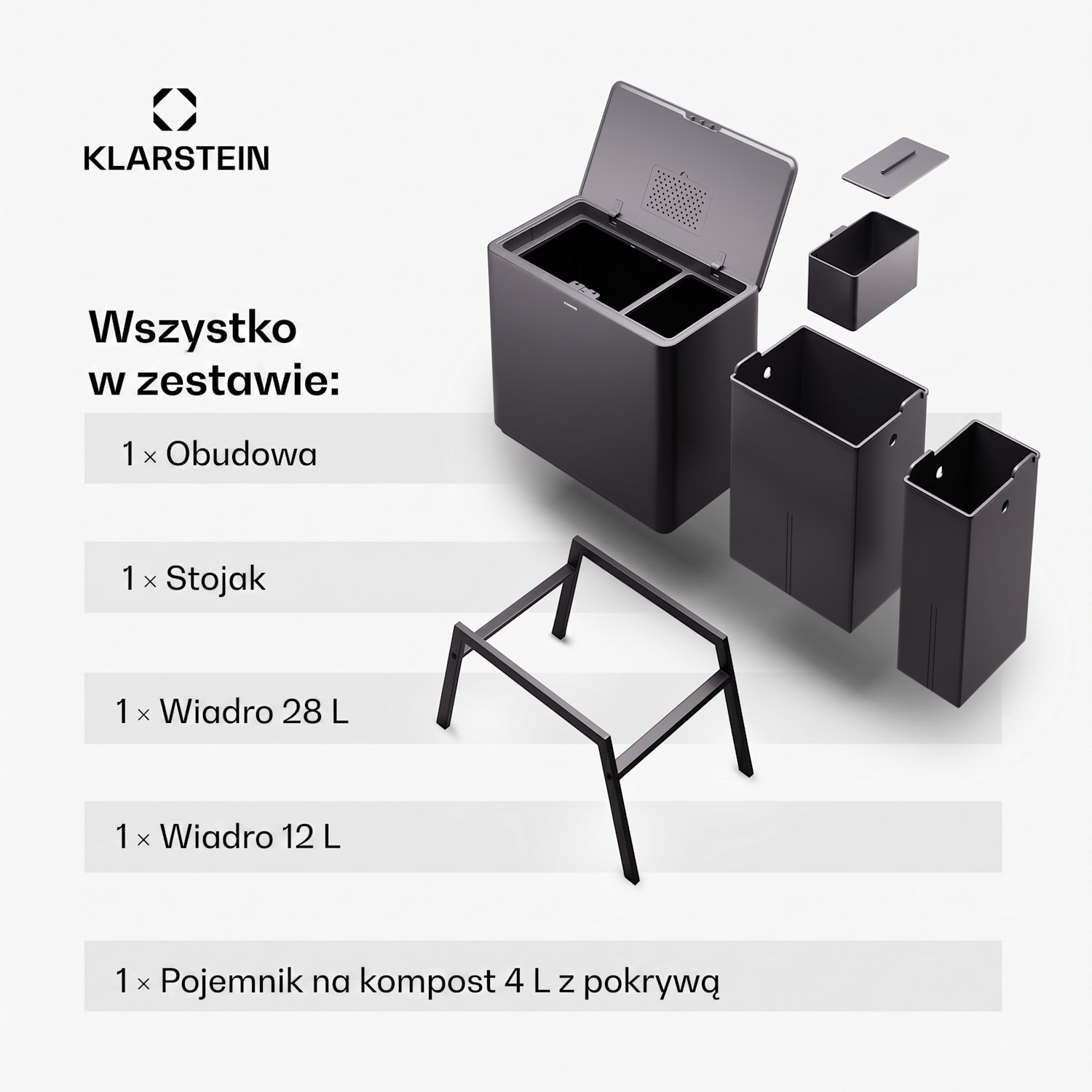 Yuma, kosz do segregacji odpadów, 40 l, pojemnik na kompost, na nóżkach, filtr przeciwzapachowy 40 L | Czarny