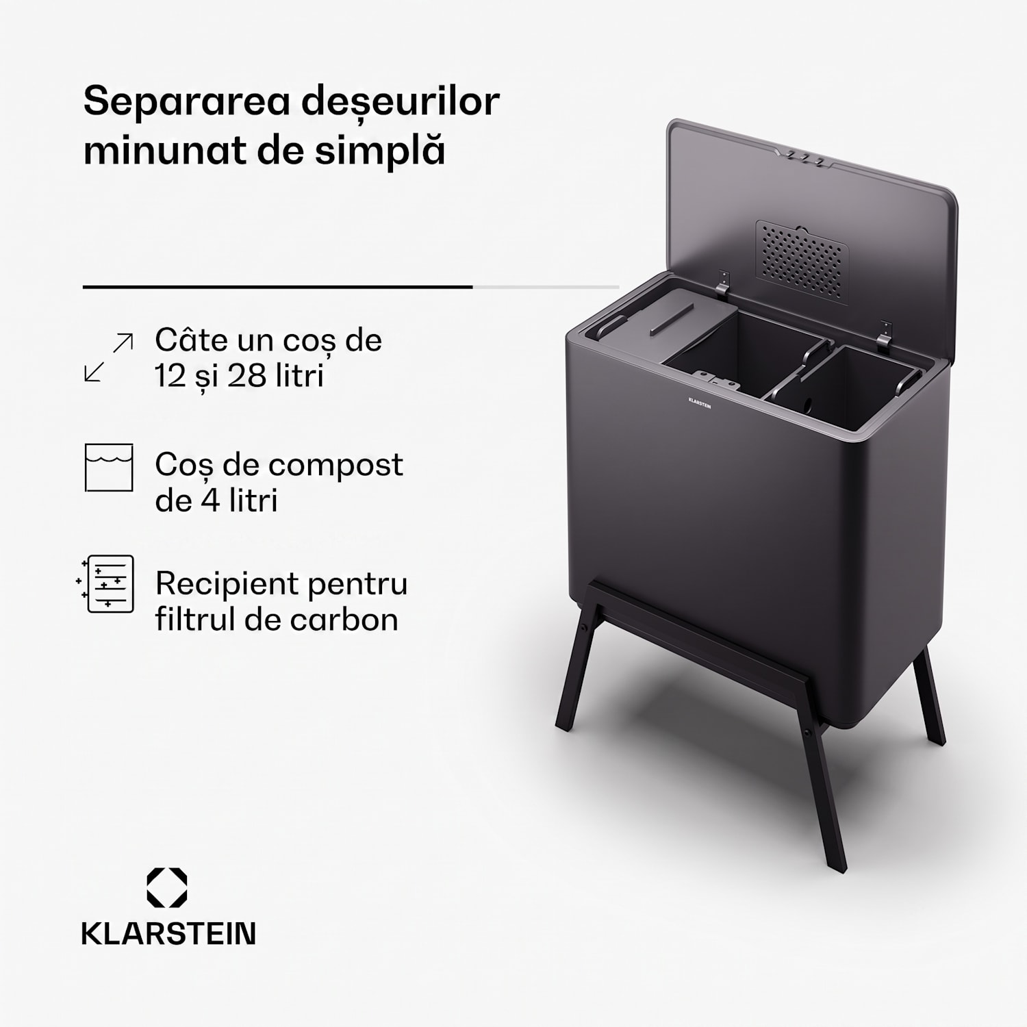 Yuma, coș de gunoi, 40 l, inclusiv compostor, cu picioare, filtru de mirosuri 40 L | Negru
