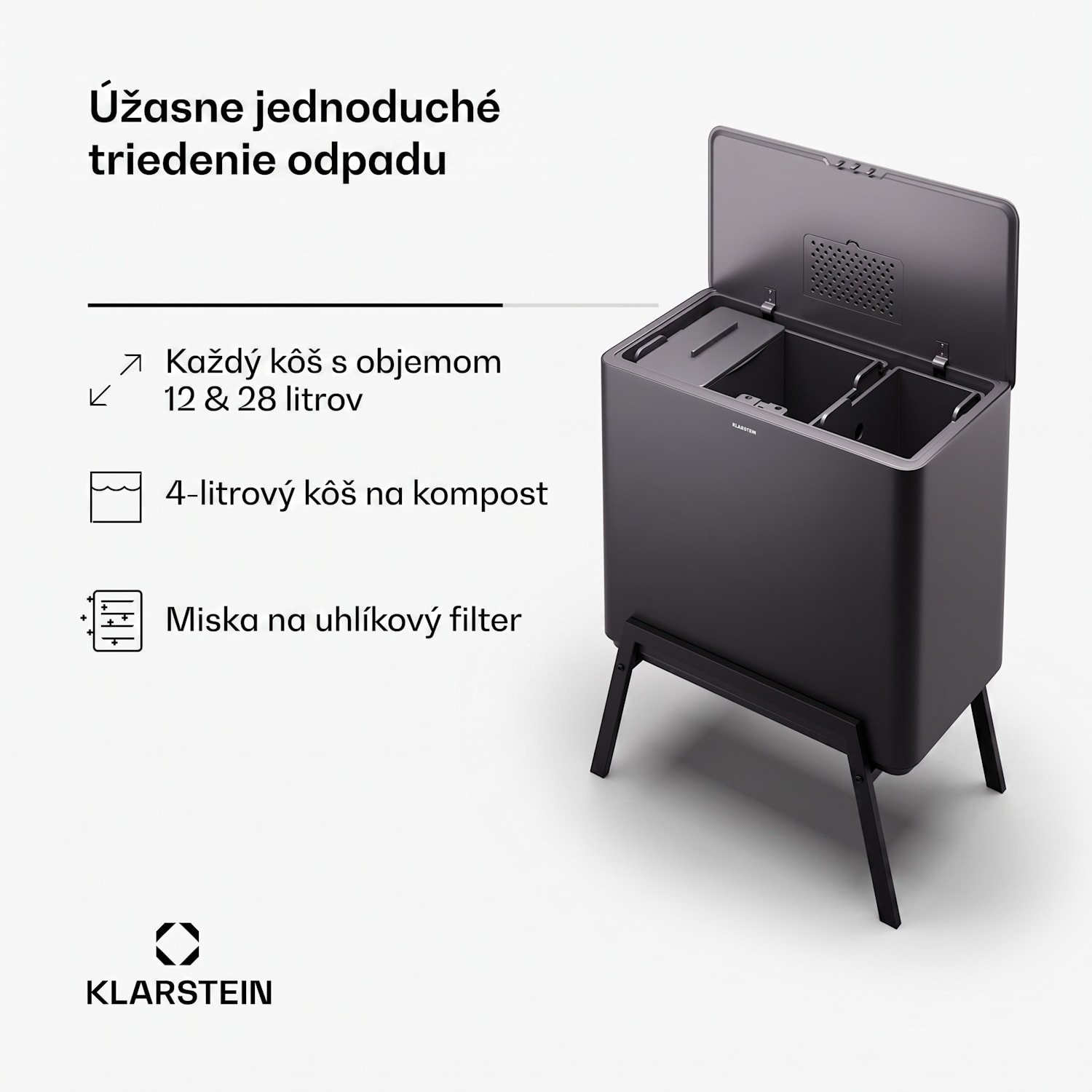 Yuma, odpadkový kôš, 40 l, vrátane kompostéra, s nožičkami, pachový filter 40 L | Čierna