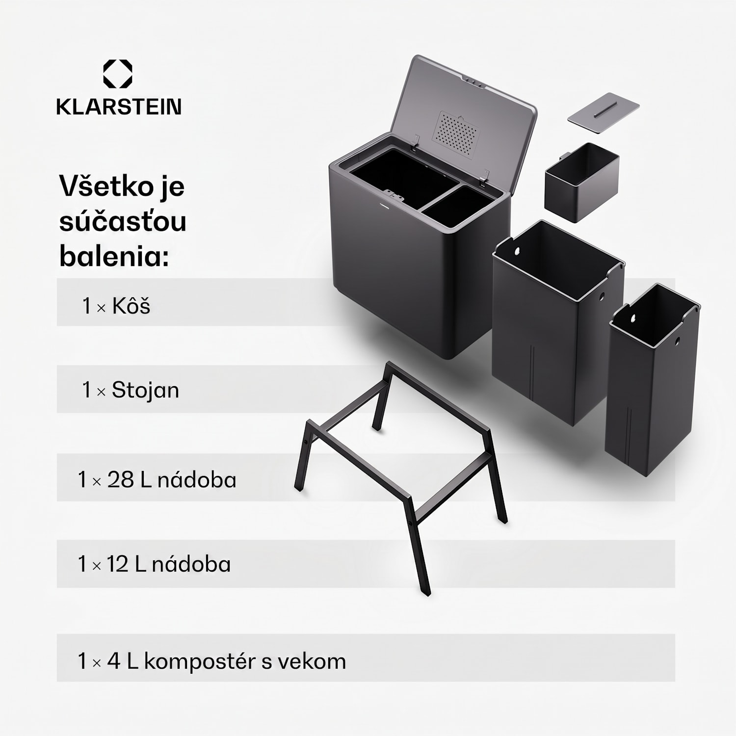 Yuma, odpadkový kôš, 40 l, vrátane kompostéra, s nožičkami, pachový filter 40 L | Čierna